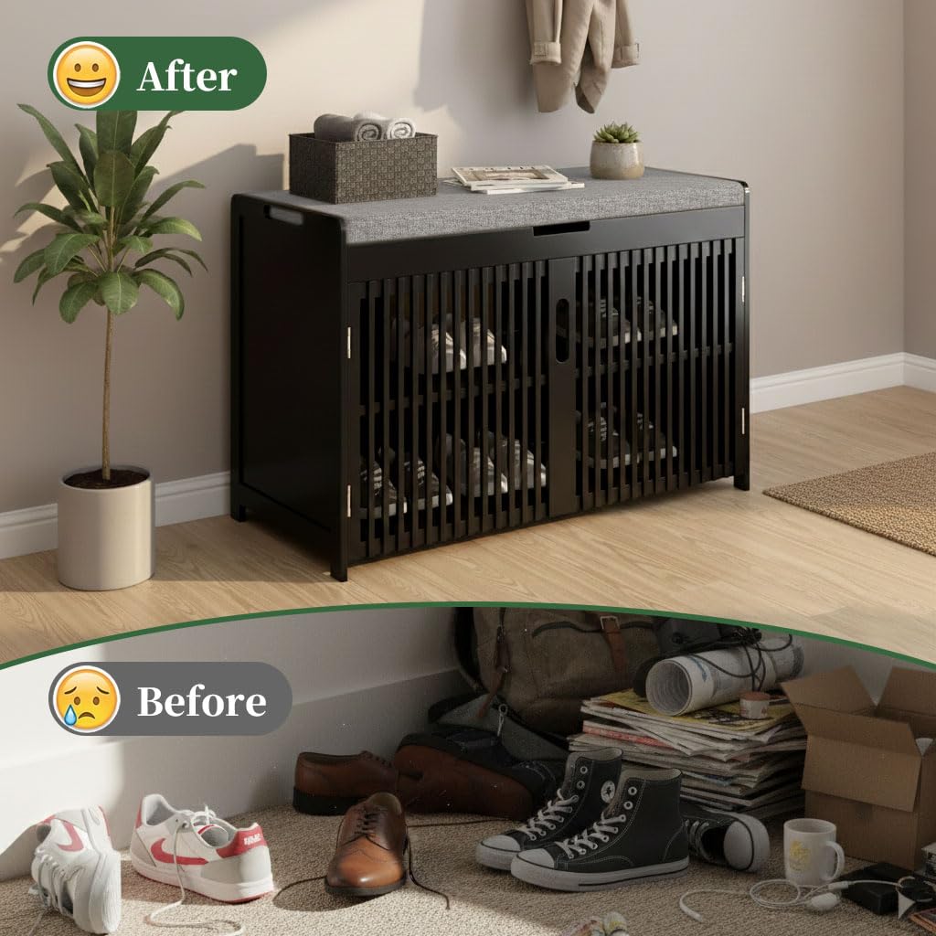 APRTAT Bamboo Shoe Storage Bench with Padded Cushion, 3-Tier Shoe Rack Organizer with 2 Ventilated Grille Doors for Entryway, Bedroom, Bathroom (Black)