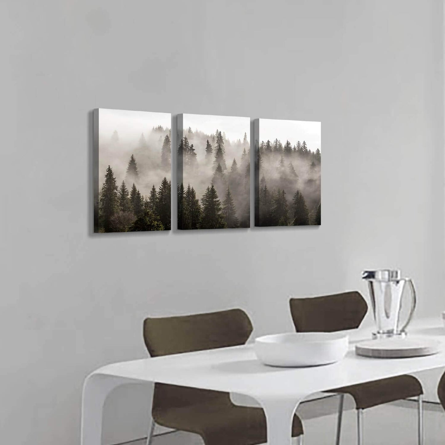 Foggy Forest Picture Wall Art: Landscape Painting Misty Pine Trees Artwork Print on Canvas for Kids Rooms(16"x12"x3pcs)