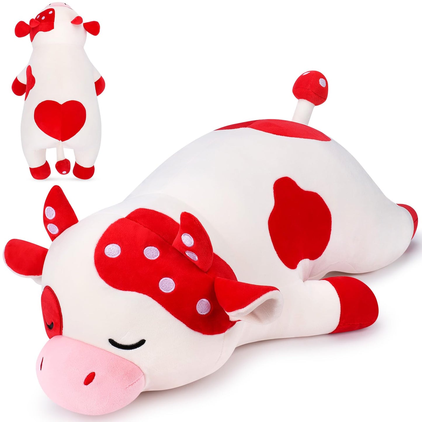 Auspicious beginning 30'' Giant Mushroom Cow Plush Stuffed Animal-Cute Mushroom Cow Plush Body Pillow Plushies, Large Sleeping Cow Stuffed Animal Big Plushie Toy, Birthday Gifts for Kids Girls Boys