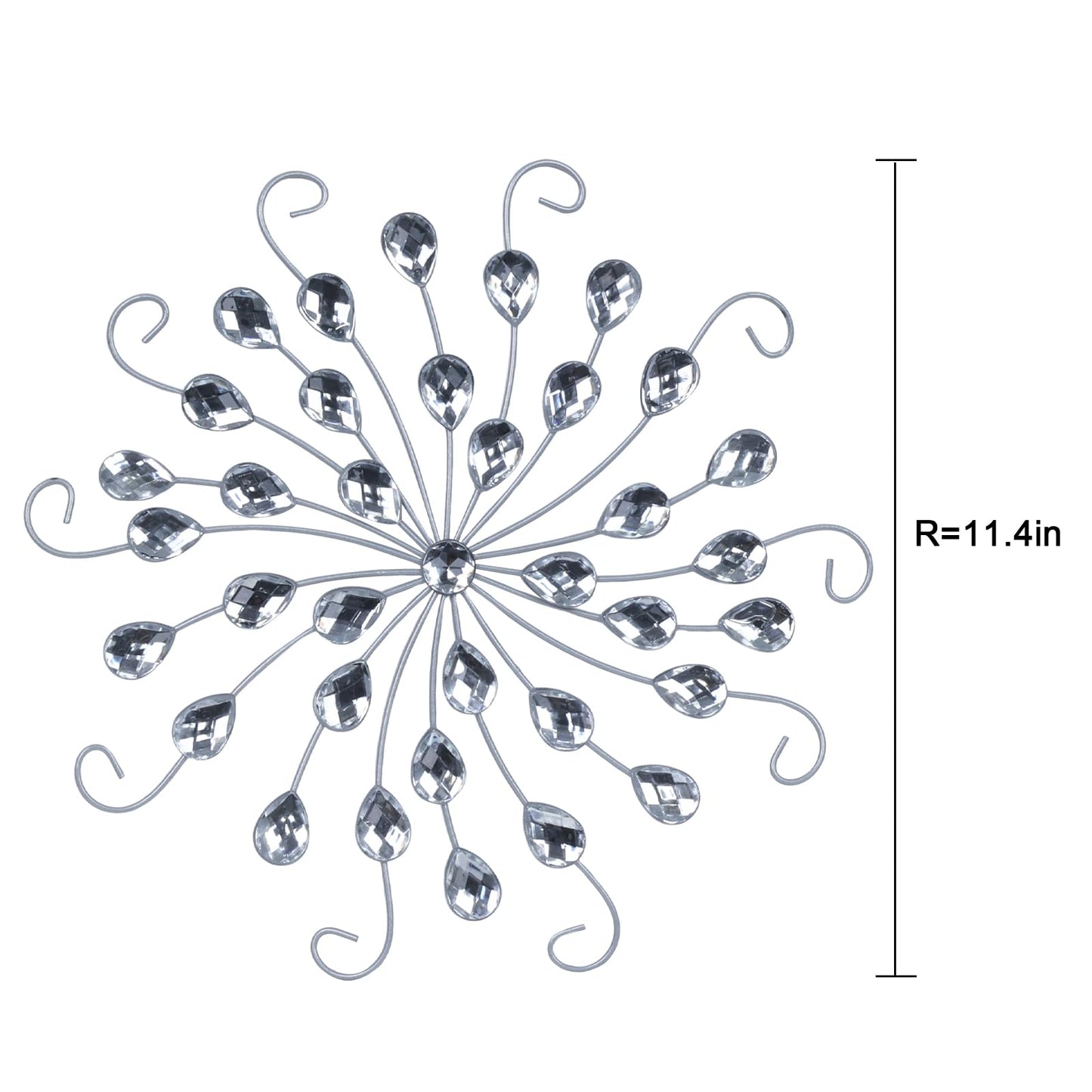 hogardeck Metal Flower Wall Decor, 11" Silver Metal Jeweled Wall Art Bling Crystal Home Décor, Sun Star Burst Rhinestone Wall Hanging Diamond Accents for for Indoor, Outdoor, Living Room, Bedroom