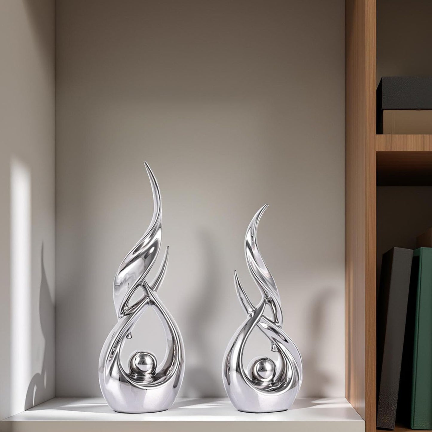 XMGZQ Gold Ceramic Abstract 2 Piece Statue Set,Mid Century Modern Abstract Art Home Decor Statue Mantelpiece on Unique Shelf Decor, TV Cabinet Divider Table top and Dining Table Centerpiece (Silver)