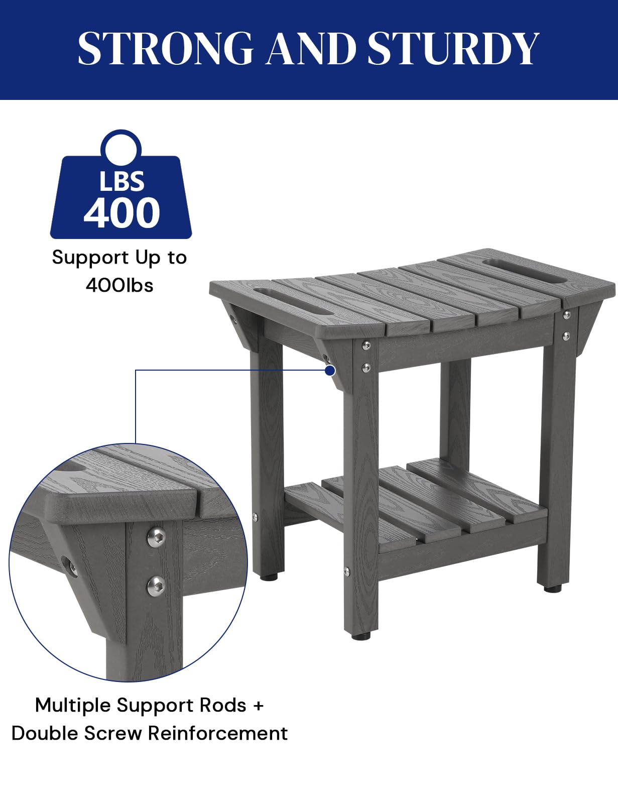 LAHAAP Waterproof Shower Bench, Poly Lumber Shower Stool for Shaving Legs, Shower Chair Seat with Storage Shelf and Handles, Bathroom Bench for Inside Shower, Non-Slip (Grey)