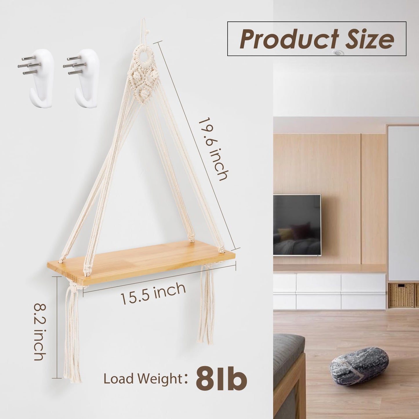 Sunkaioo Macrame Wall Hanging Shelf Set of 2,Boho Wooden Display Floating Shelves for Wall Decor with Handmade Woven Rope,Farmhouse Rustic Plant Shelf for Bedroom Dorm Nursery Living Room Bathroom