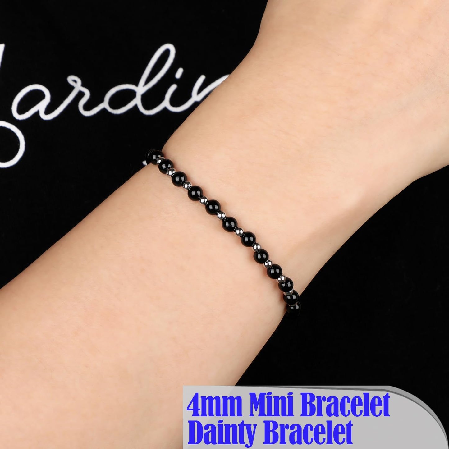 QOGIR Black Onyx - Protecting and Grounding - Stainless Silver Beads Natural Gemstone Stretch Elastic Dainty Healing Beaded Bracelets Gifts 4mm