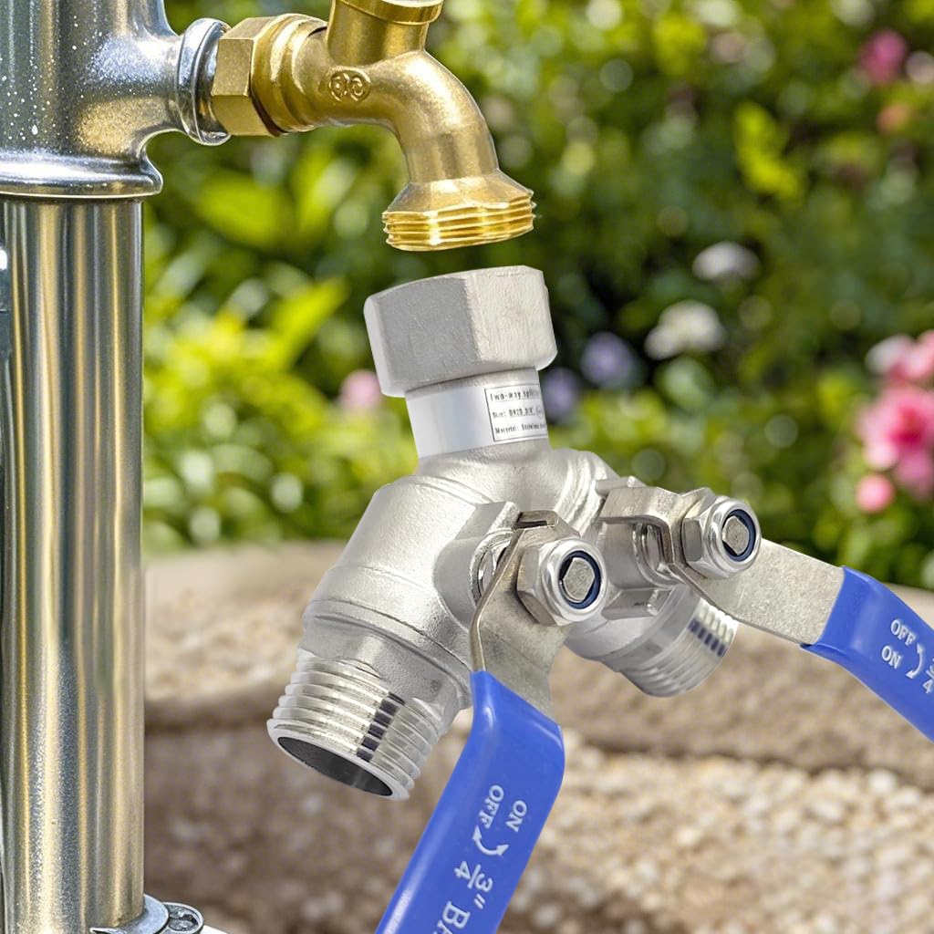 BesNPT Garden Hose Splitter 2 Way Heavy Duty Valve, 304 Stainless Steel 3/4" GHT Thread Full Flow Y Valve with Long Handle