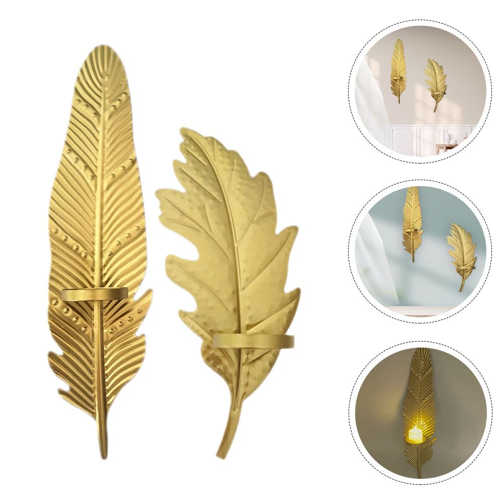 PRETYZOOM Metal Leaf Candle Holder Set of 2 Wall-Mounted Decorative Candlesticks for Home Bedroom Living Room Office Party D Cor 13.93X3.38X1.96In