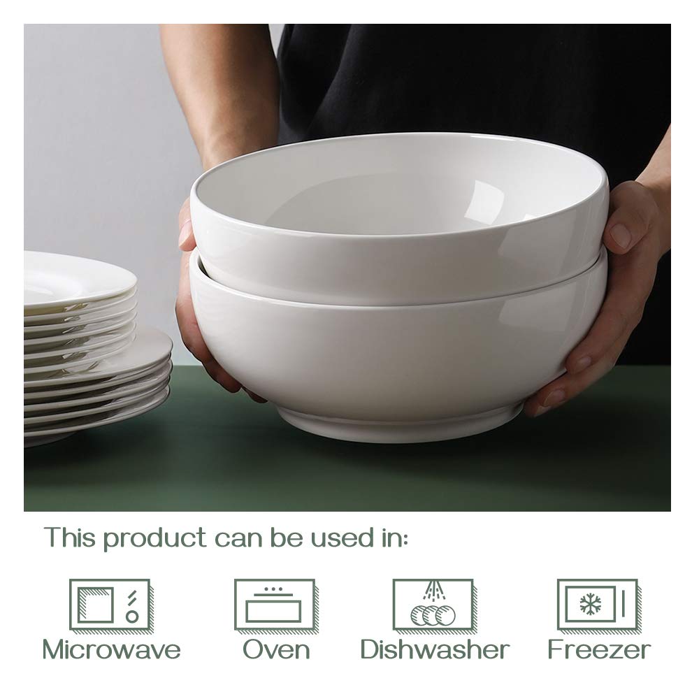 DOWAN Serving Bowls, 9.5" Large Salad Bowls for Entertaining, Side Dishes, Pho, Pasta, Centerpiece Bowls for Dinner Parties, Kitchen Decor, Microwave & Dishwasher Safe, White