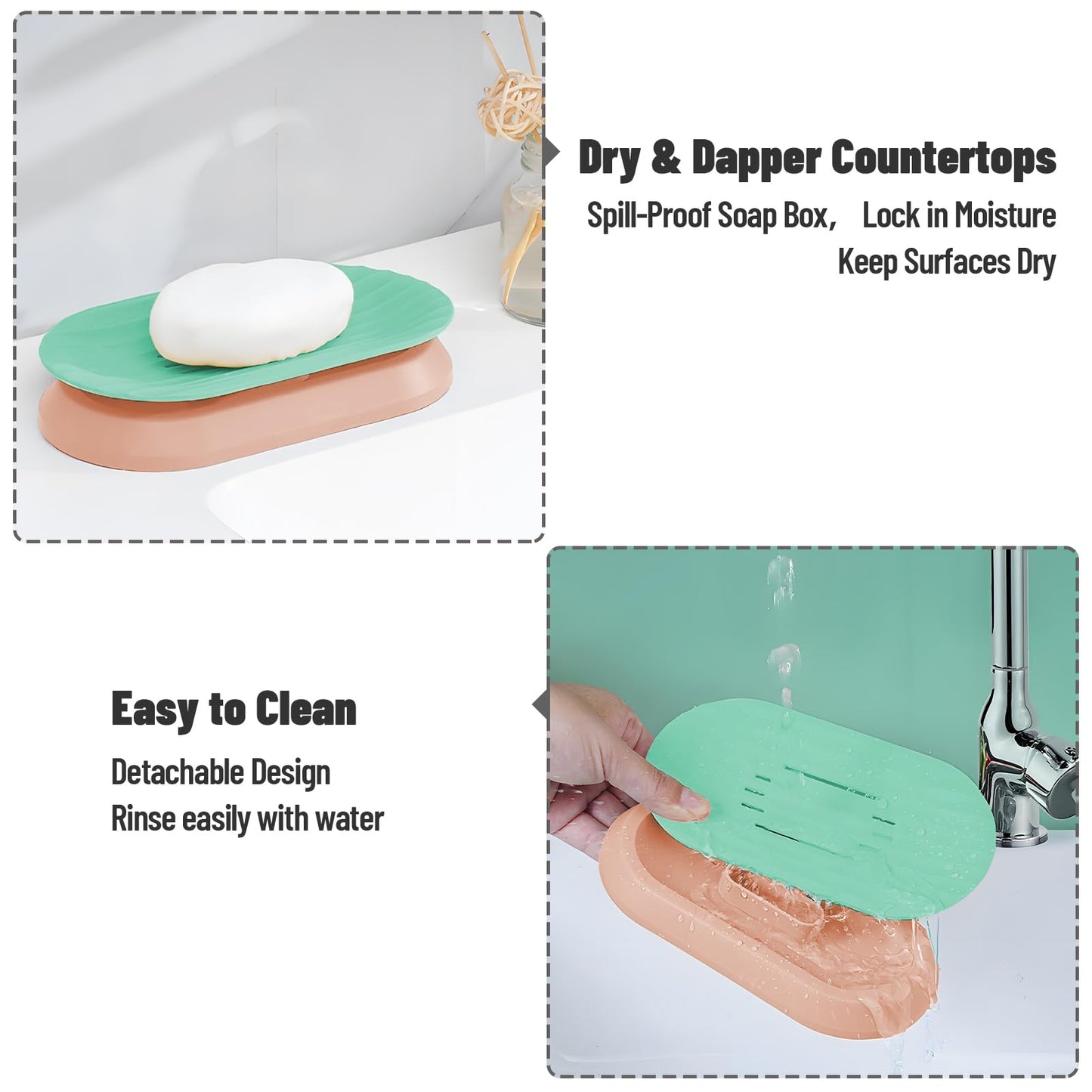 Shaineko Self-Draining Soap Dish for Shower - Bar Soap Holder with Drainage Holes, Wall Mounted, Non-Slip Weighted Base, Removable Tray for Bathroom Sink or Shower Ledge(Green & Pink)