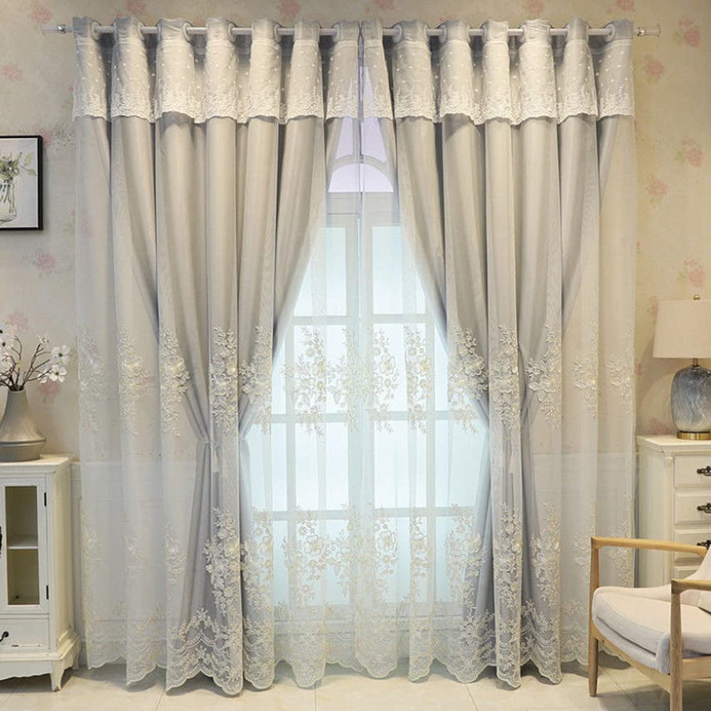 Amidoudou 1 Pair European Double Layer Curtains Luxury Flower Embroidered Curtains for Living Room Bedroom (Grey,52x90 Inch)