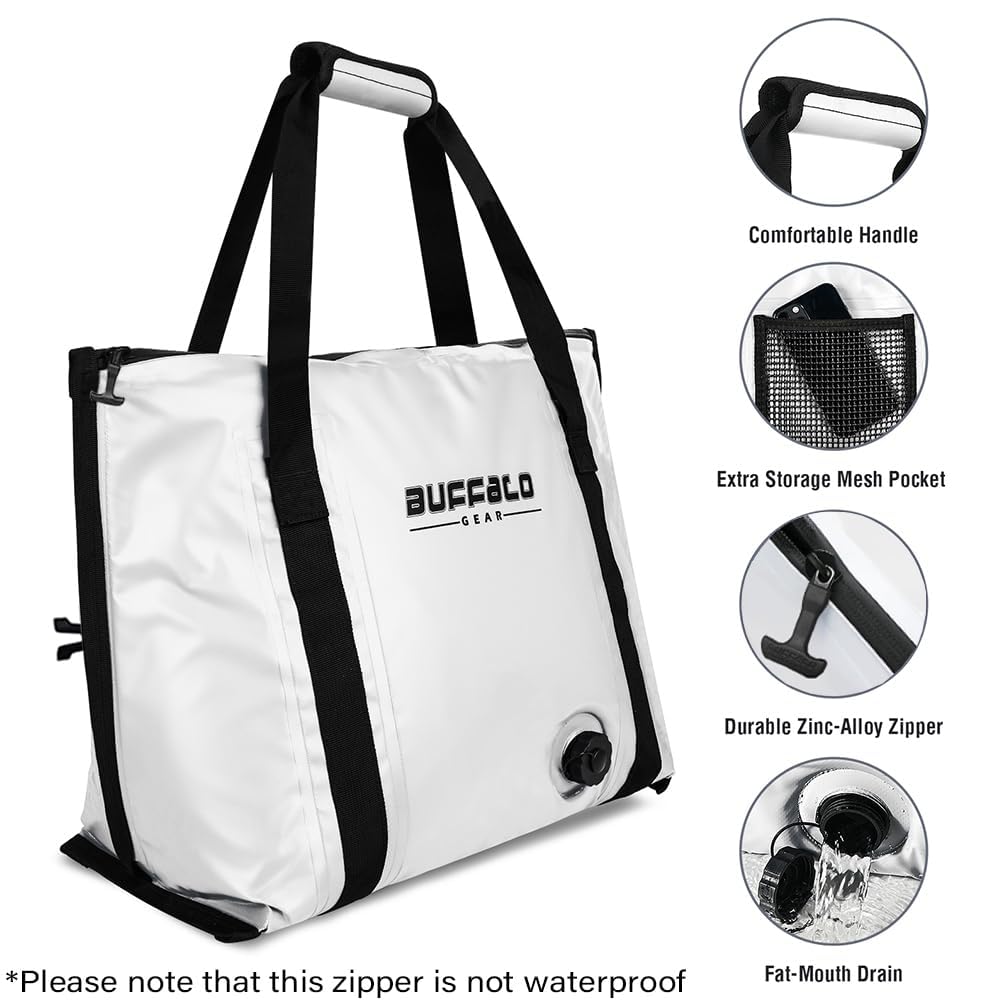 Buffalo Gear Insulated Fish Bag Cooler Flat Bottom-35L Waterproof Fish Kill Bag,Small Fishing Bag Leakproof Fish Cooler (White)