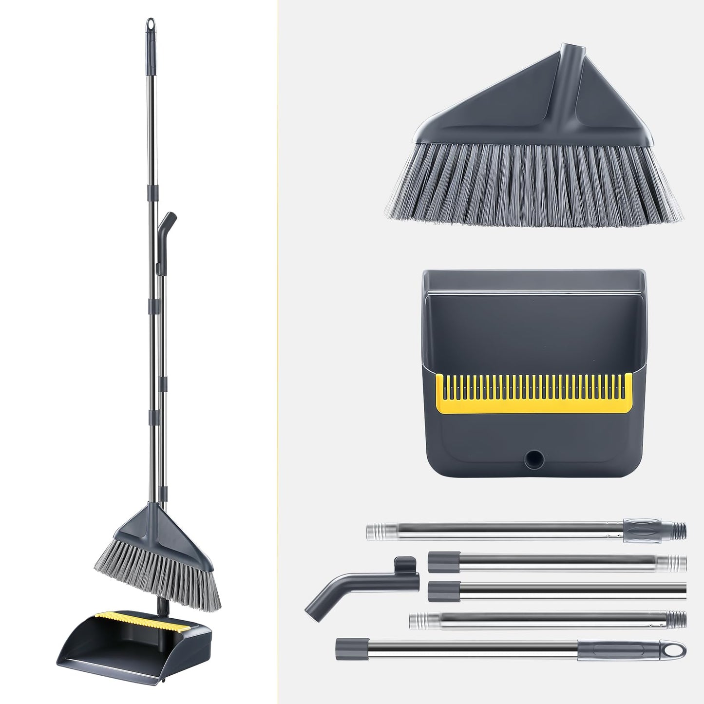 Broom and Dustpan Set for Home with 52 Inch Long Angled Handle - Stand Up Dustpan No Warping Metal Edge, Ergonomic Sweeping, 4 Layer Bristles and Hair Cleaning Teeth for Kitchen Office