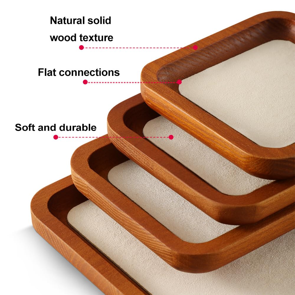 YUQIN Wooden Jewelry Display Tray Rounded Rectangle Ring Showcase Stackable Elegant Bracelet Watch Jewelry Organizer for Personal Use and Commerce (Old Lace, Large-W 7'' x H 0.6'' x L 7.9'')