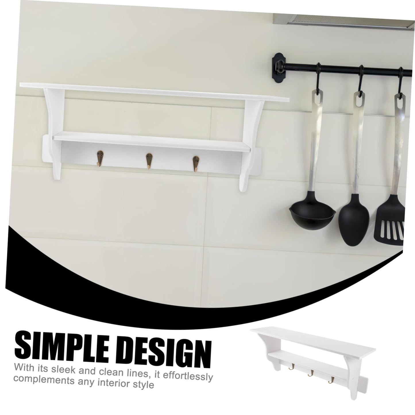 ABOOFAN Modern Wall Shelf with Hooks Floating Storage Rack for Home Decor Key Holder and Organizer Design for Entryway Bedroom and Bathroom Elegant White Finish