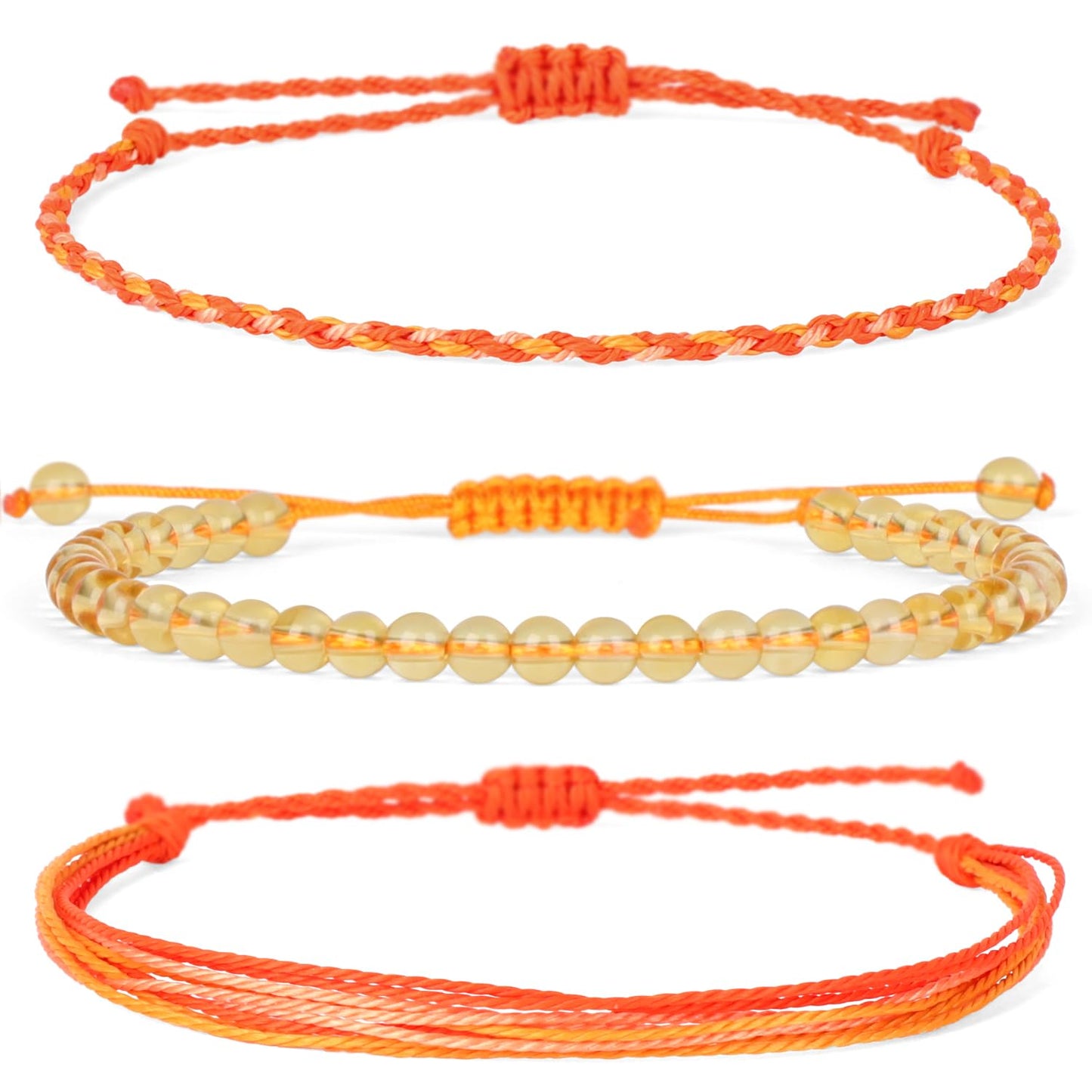 QOGIR Handmade Healing Bracelets,4mm Natural Citrine Gem Stone Beads Bracelet for Men Women Gifts with 2PCS Size Adjustable Rope Bracelets