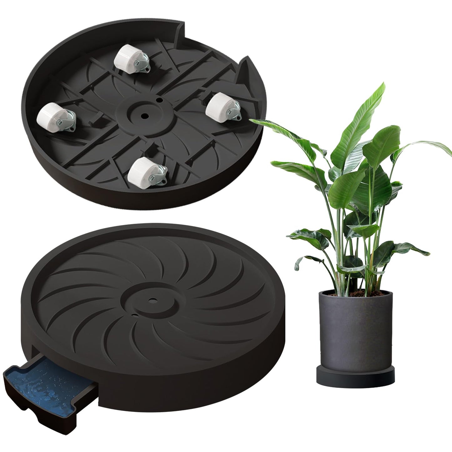 MCleanPin 2 Pack Plant Caddy with Hidden Wheels, 13" Heavy Duty Rolling Plant Stand with Removable Drainage Tray and Silent Casters Round Flower Pot Mover Planter Dolly for Indoor Outdoor Black