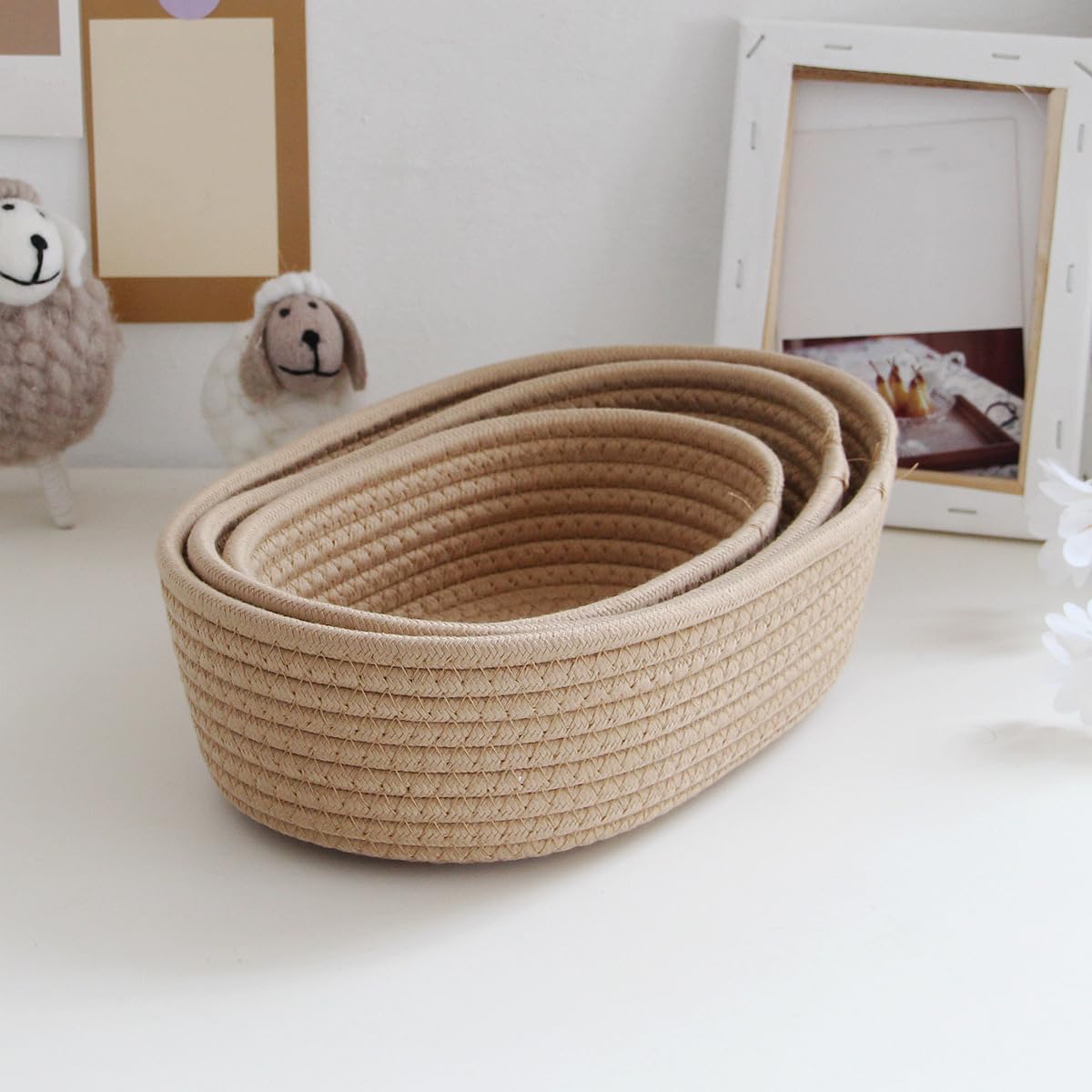 Small Woven Rope Storage Basket with Handles Spring Mini Oval Decorative Hampers for Empty Chest Box 3 Sizes(Khaki 12''L x 4"W x 7''H)