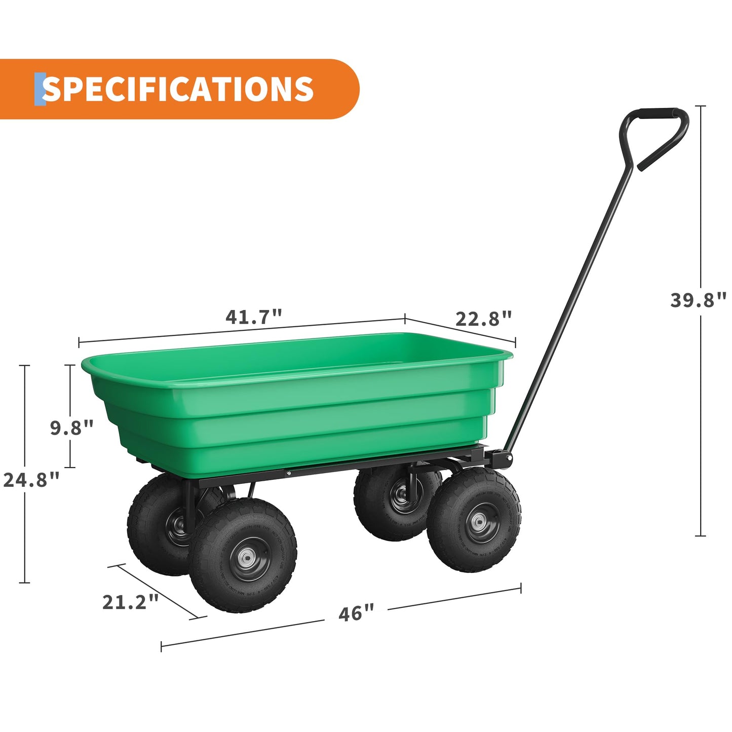 Garden Dump Cart, 6 Cu.Ft. 1200Lbs Garden Cart, Heavy-Duty 4 Wheel Wheelbarrow Yard Cart with 13-Inch All-Terrain Wheels, Features A Quick-Release Tipping Function, for Courtyards, Farm, Gardening