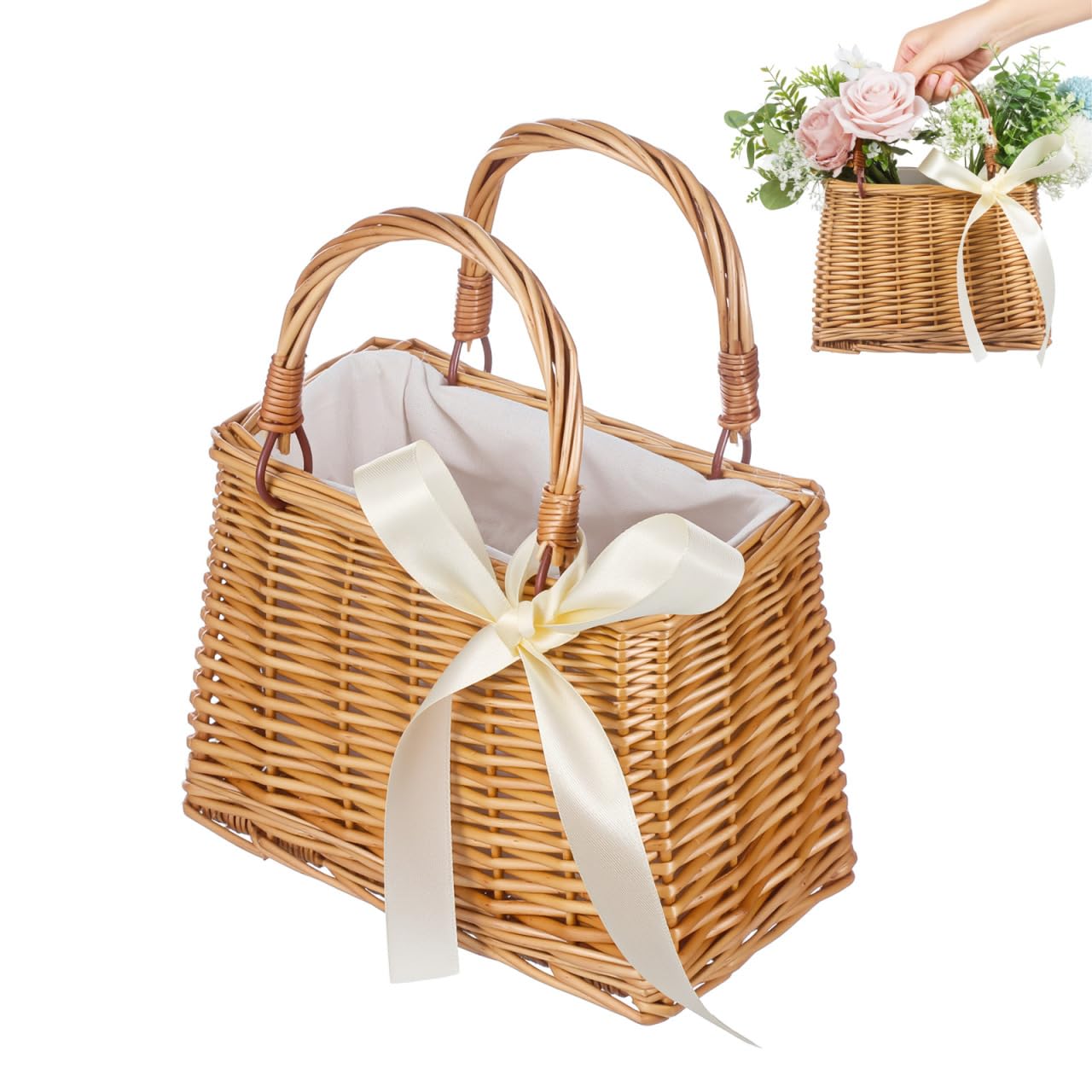 Cabilock Woven Flower Basket with Handle, Plastic Woven Flower Girl Basket for Weddings Ceremony, Small Rustic Boho Handbag, Women Summer Clutch Beach Bag Picnic Decor, 10.22X9.24X5.311in