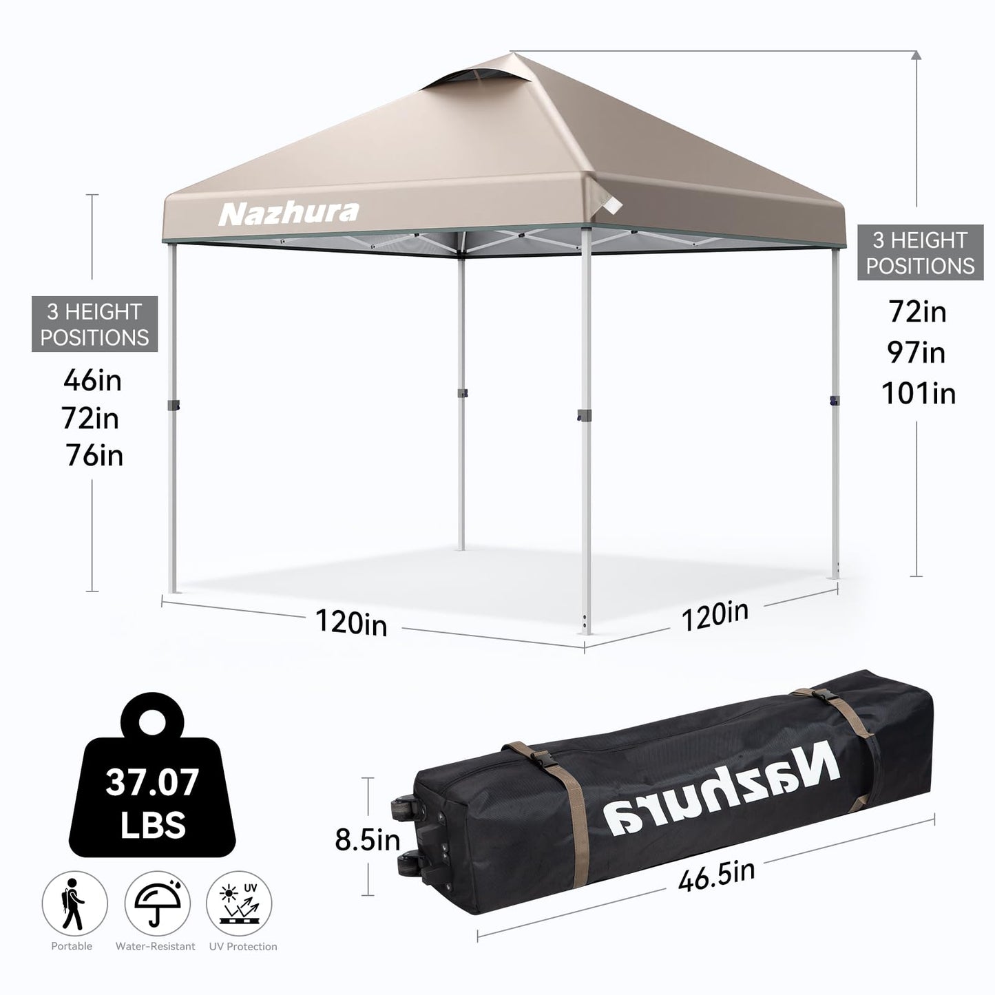 Nazhura 10' x 10' Pop Up Canopy Tent with Sand Weight Bag, Awing for Patio, Freestanding Sun Shelter for Picnic and Camping, One Person Setup, White (Kahki)