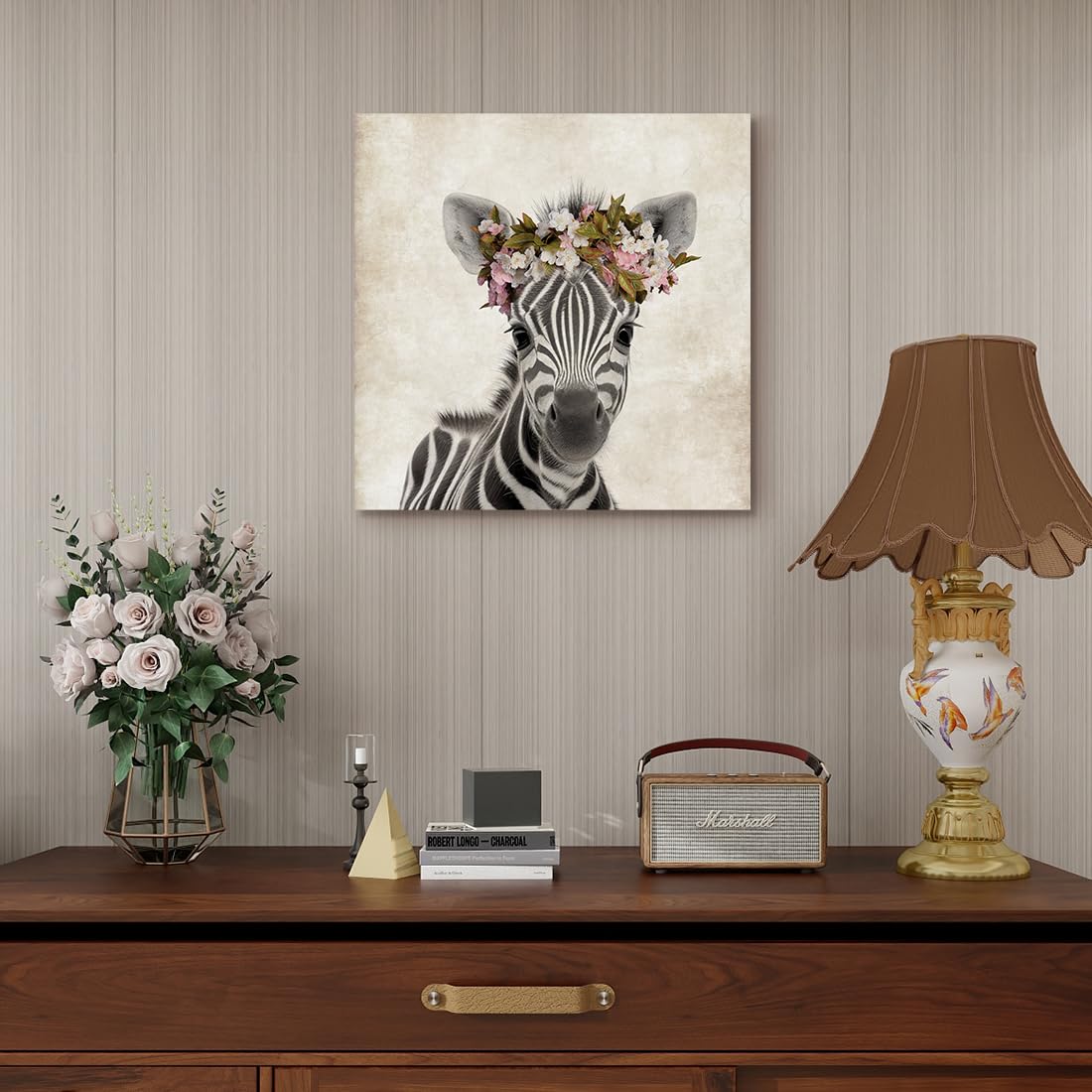 Framed Baby Nursery Wall Art Decor Cute Zebra with Garland Pictures Painting Retro Zebra Portrait Artwork Cute Safari Animals Prints for Kids Playroom Decoration Gifts for Boys Girls 12x12inch
