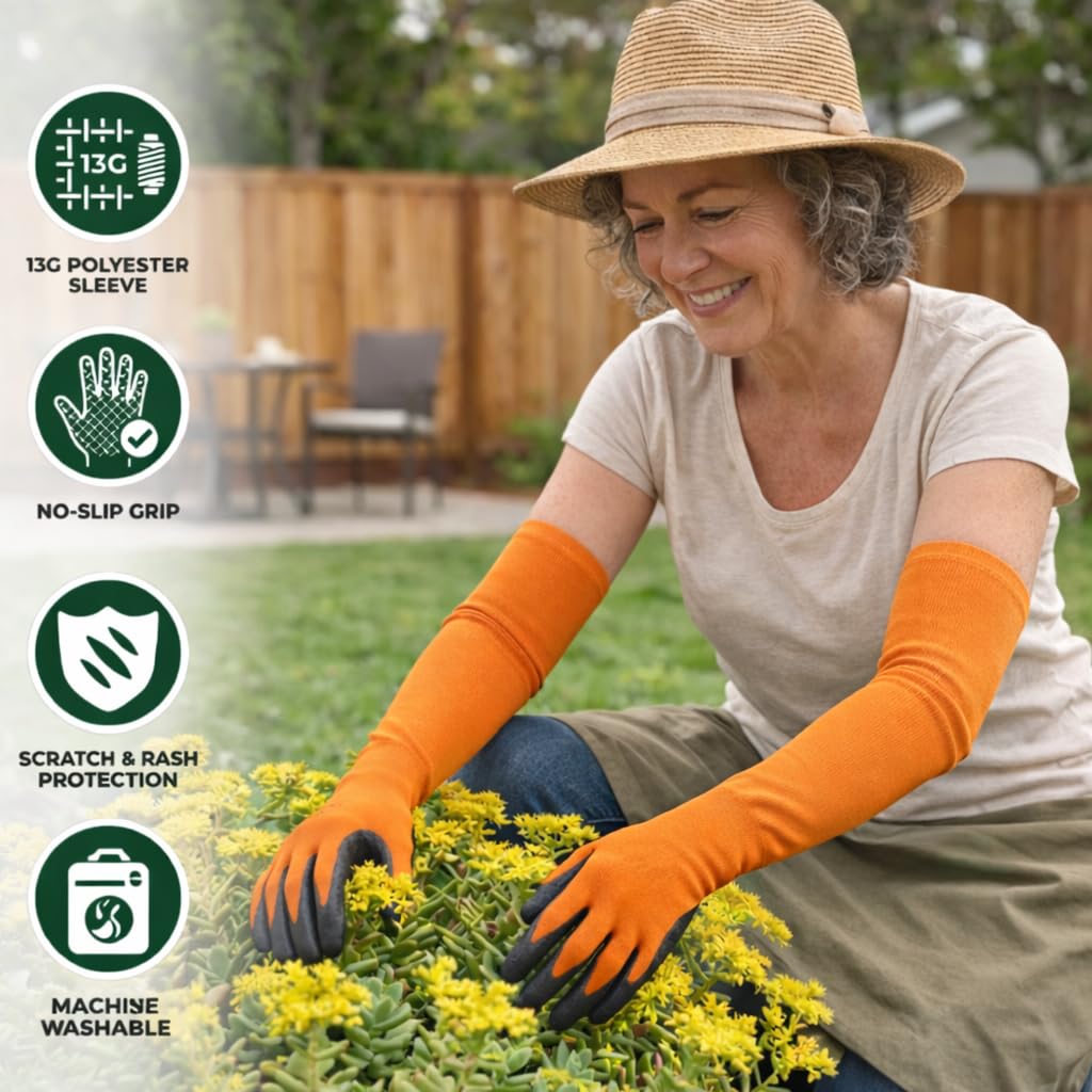 CHARGUY Long Sleeve Gardening Gloves Protection Sleeves No-Slip Grip, Durable Long Garden Gloves Flexible Sleeves, Women/Men (Orange, Small)