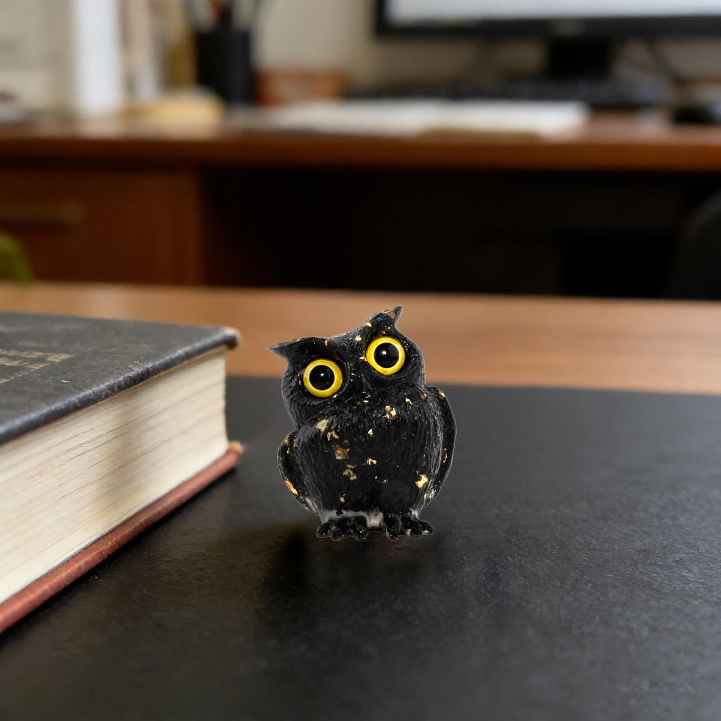 PinpinPony Owl Statue, Natural Gemstones Decor for Home Office, Shelf Display Figurine, Handcrafted Unique Owl Sculpture(Black)