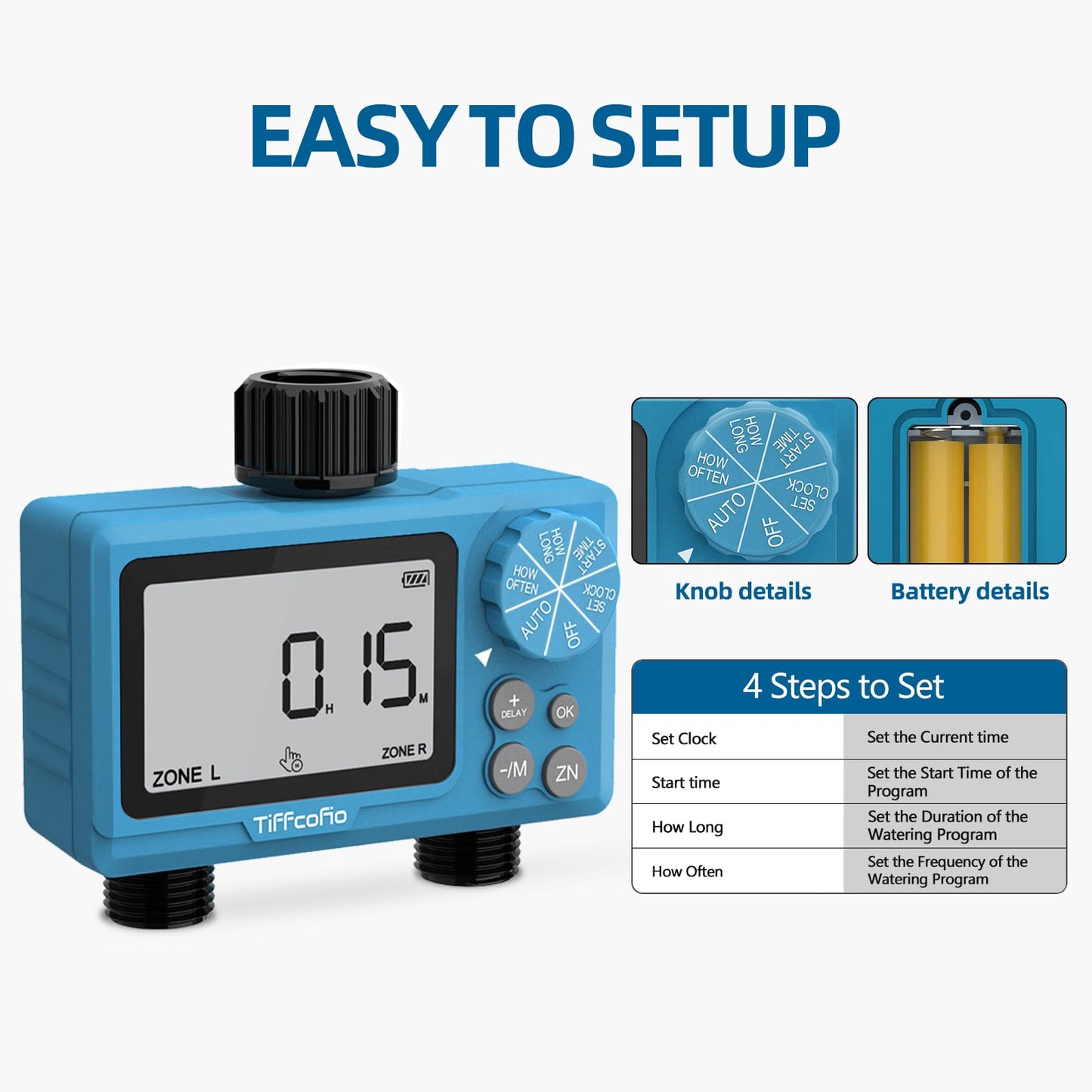 TiFFCOFiO Sprinkler Timer Outdoor, Digital Programmable for Garden Hose, Irrigrtion Timer with Rain Delay and Manual Mode (2 Oulets, 1 Pack)