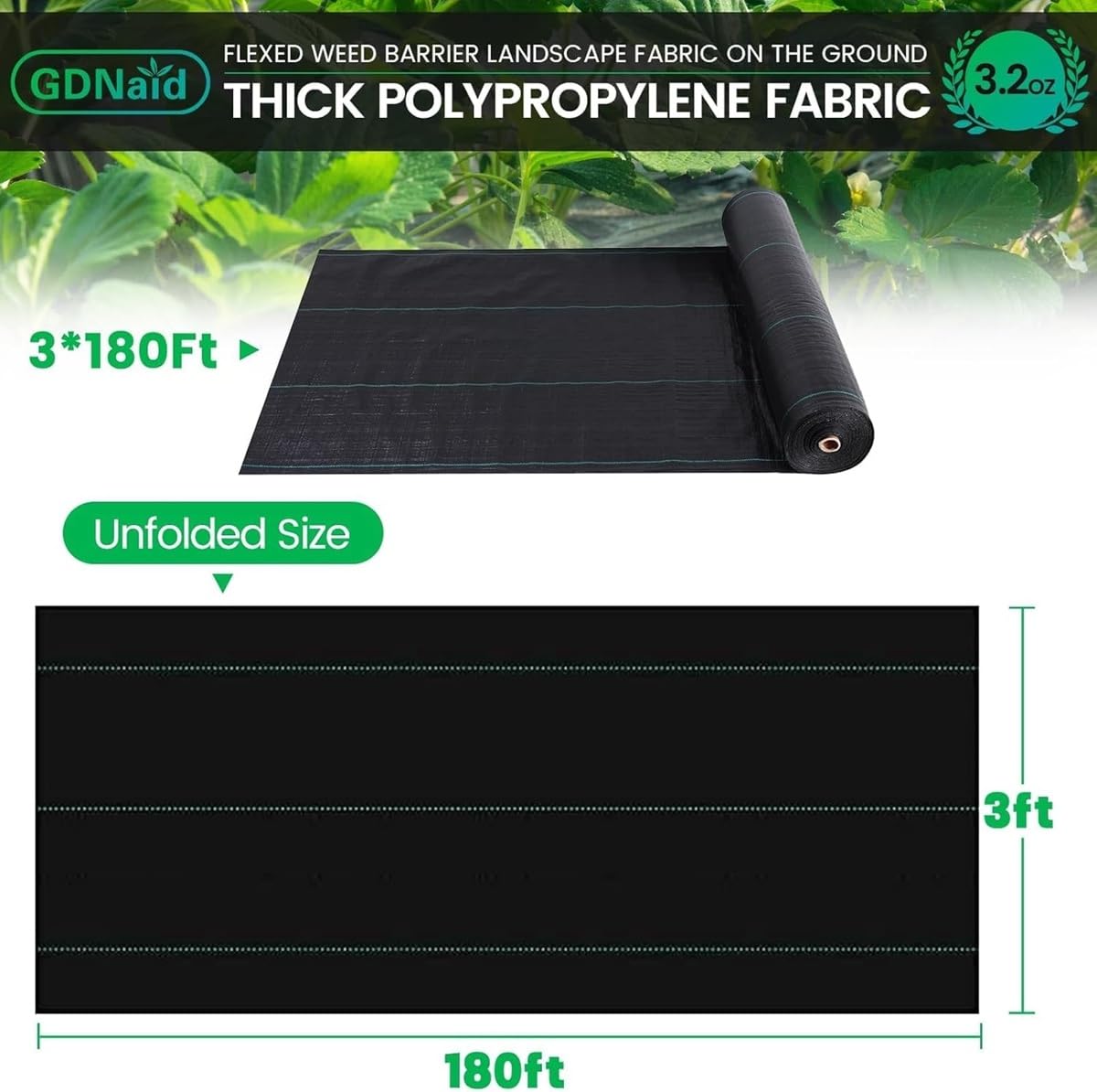 GDNaid 3ftx180ft Weed Barrier Landscape Fabric Heavy Duty, 3.2oz Weed Barrier Garden Fabric, Easy Setup Woven Landscaping Fabric