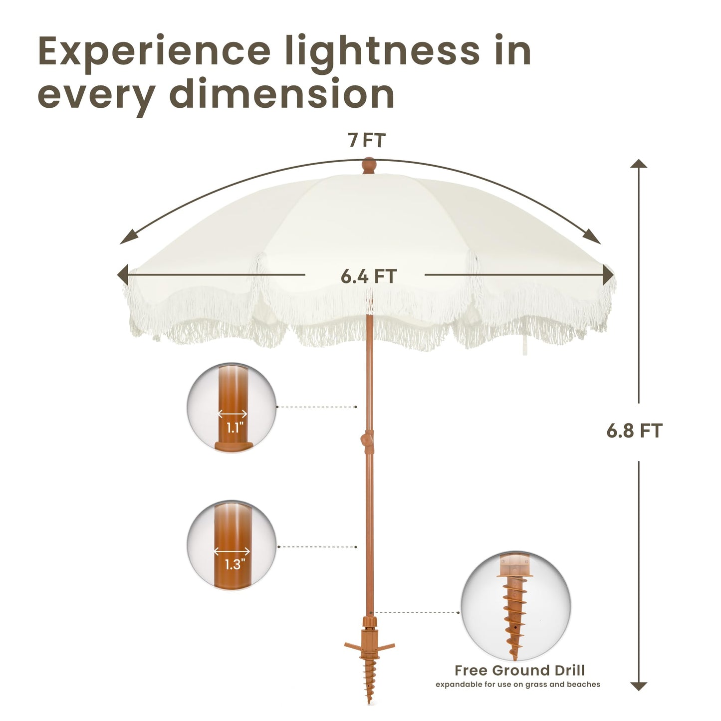 PHI VILLA 7ft Beach Umbrella with Fringe & Sand Anchor, Outdoor Patio Heavy Duty Windproof Portable Tassel Umbrellas for Sand with Push Button Tilt & Carrying Bag, UPF 50+, White(No Base)
