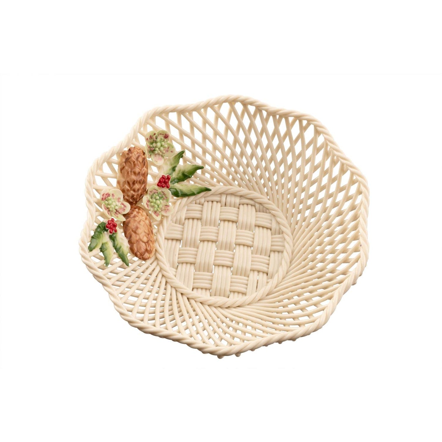 Belleek Classic Wild Irish Hedgerow Winter Basket - Boho Room Decor, Decorative Storage Baskets, Adorned with Pinecones, Holly, and Christmas Rose, 7”D x 1.5”H