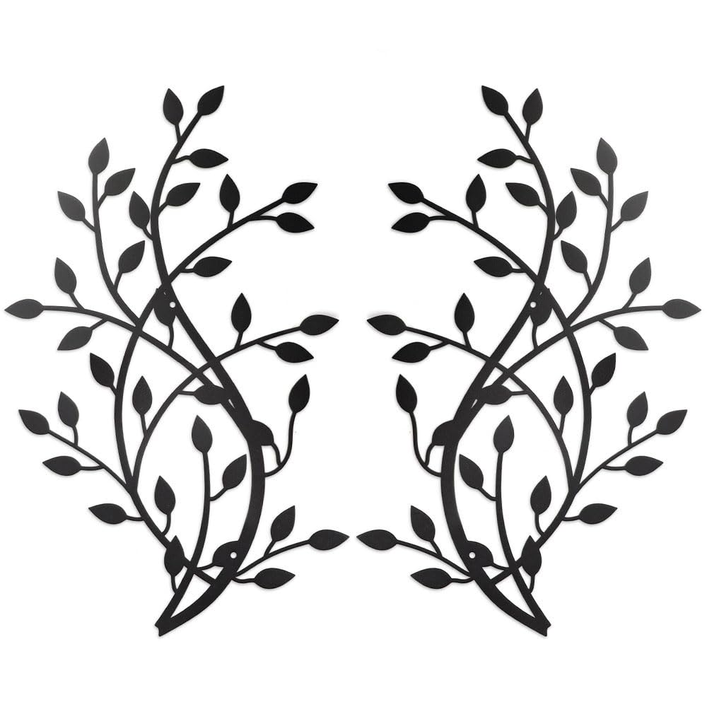 Meltset Metal Tree Leaf Wall Decor, Vine Olive Leaf Branch Wall Art,Black Wrought Iron Artwork above The Bed, Living Room, Indoor and Outdoor (S/Black)