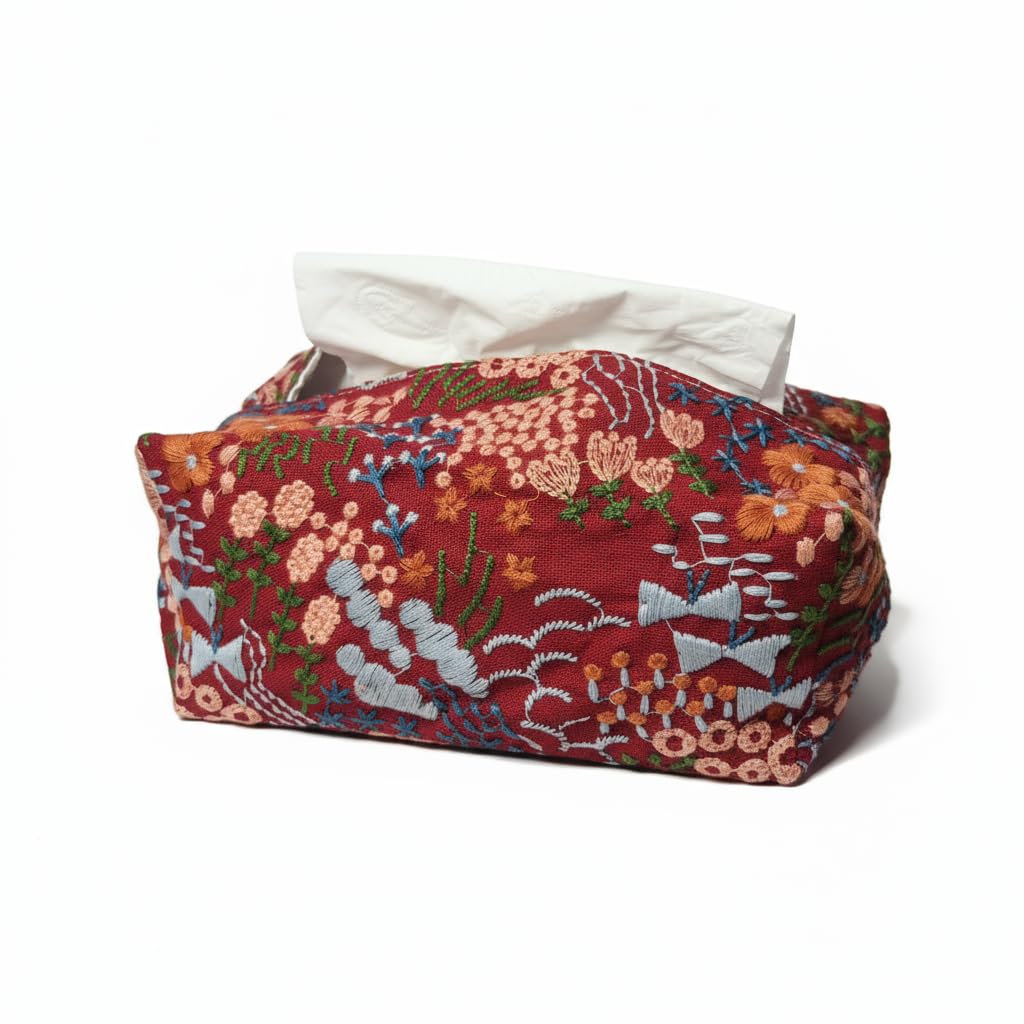 Floral Pattern Tissue Box Cover, Burgundy Red with Embroidered Design