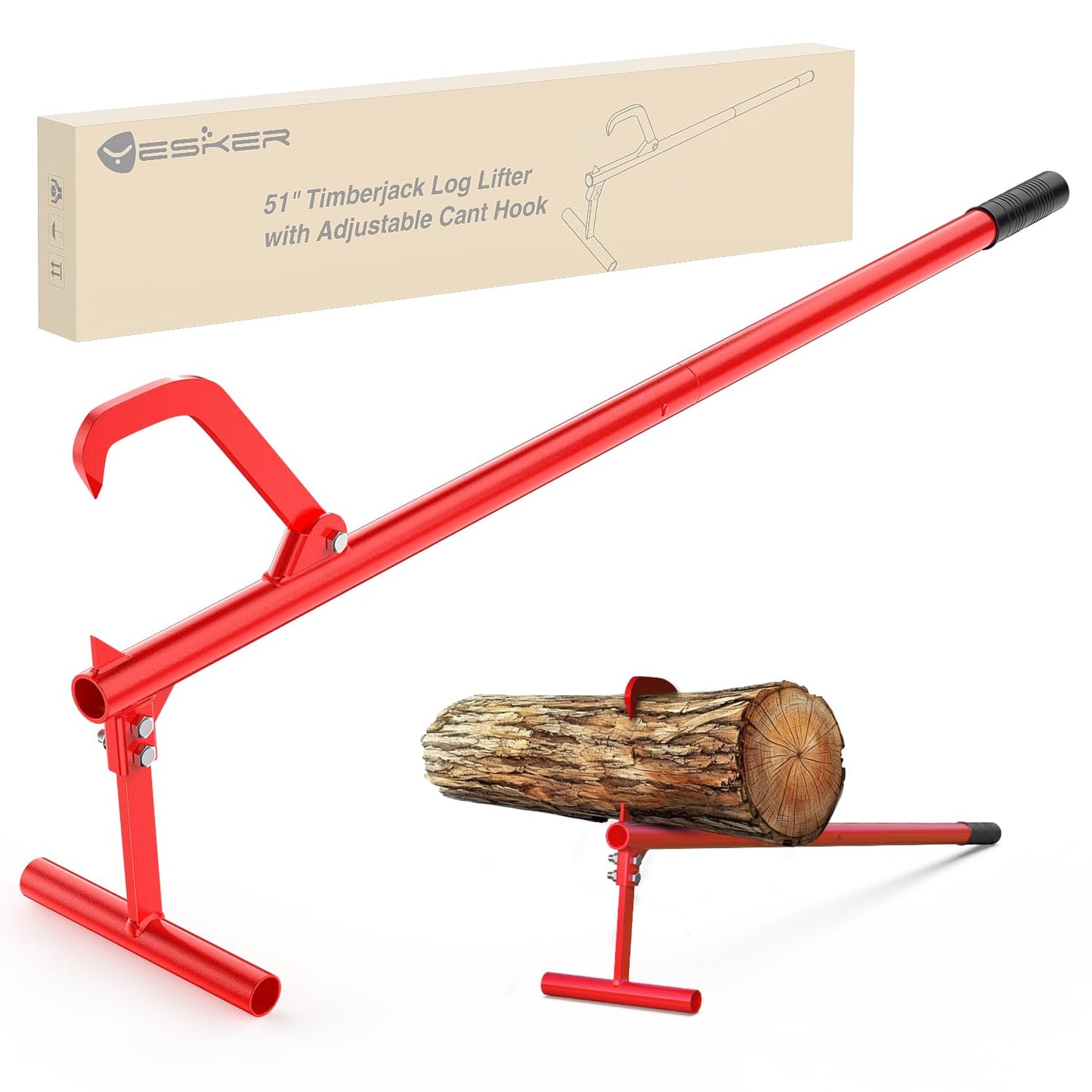 Yesker 51" Cant Hook for Log Roller Logging Tools with Adjustable Steel Cant Hooks Rubber Grip Heavy Duty Timberjack Log Lifter Mover Jack Firewood Tools for Rolling Raising up to 15" Diameter, Red