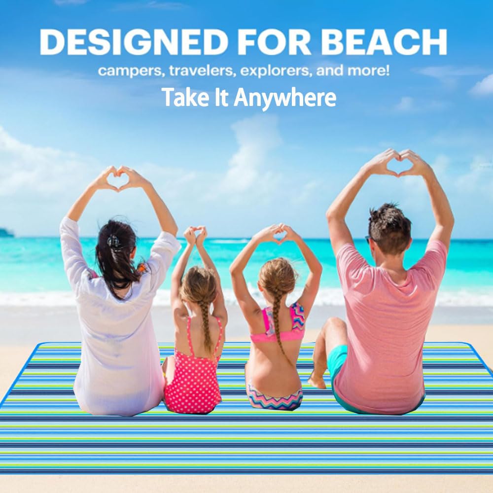 RUIBOLU Large Picnic Blanket, Beach Blankets(80X60) Inch Sandproof Beach Mat for 3-5 Adults Waterproof Quick Drying Outdoor Picnic Mat for Travel Camping Park Lawn (Blue Stripes)