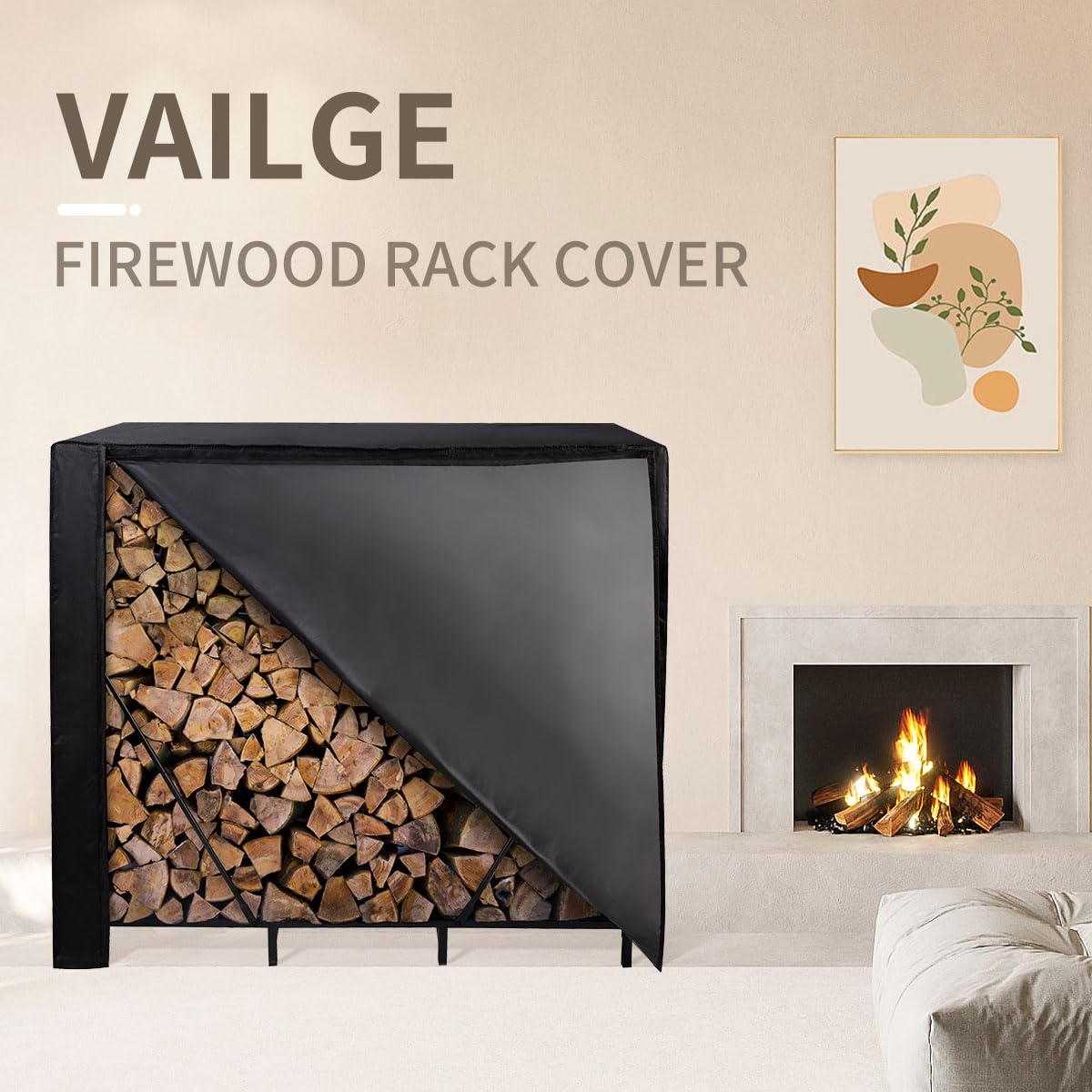Vailge Firewood Rack Cover 8FT, Waterproof Firewood Rack Outdoor Cover with Full Front Zipper & Windproof Straps, Heavy Duty 600D Oxford Log Protector for All Seasons