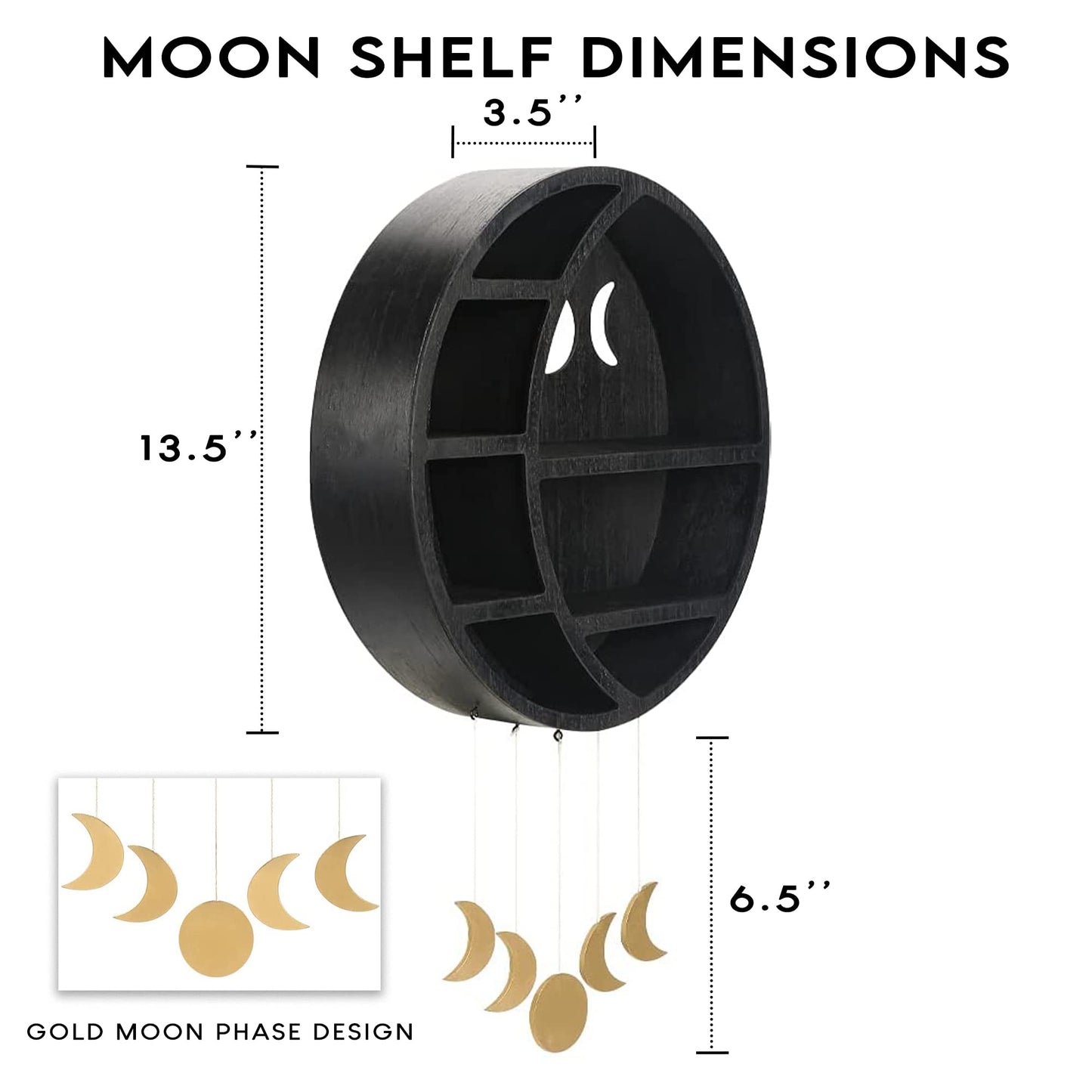 Ella & Emma Wooden Moon Shelf for Crystals - Crescent Moon Crystal Shelf, Storage & Wall Hanging Shelves for Bedroom Aesthetic, Moon Phase Wall Decor & Crystal Display Shelf, Pinewood, Black