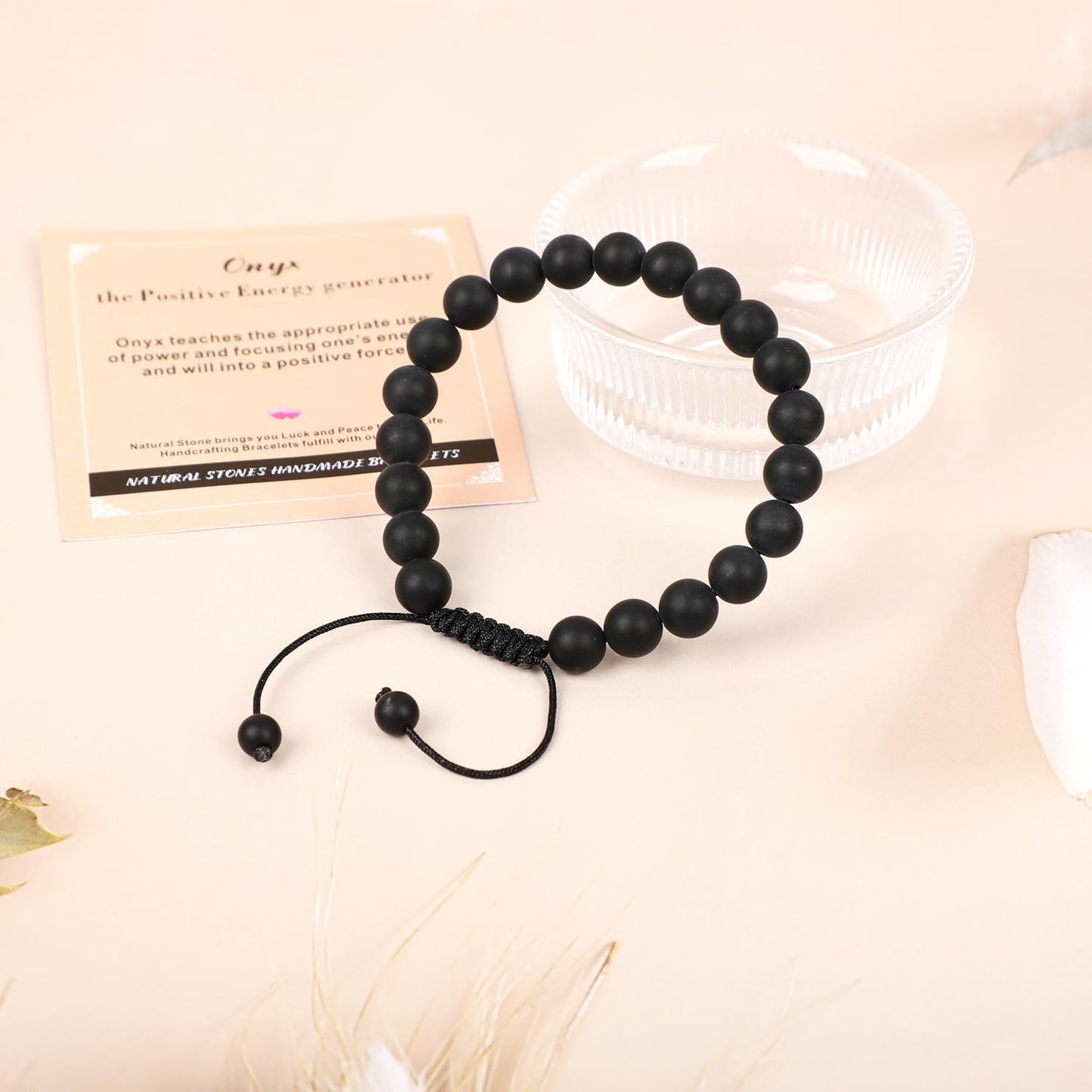 AD Beads 8mm Matte Onyx - Positive Energy - Handmade Natural Stone Crystal Bracelet with Adjustable Macrame String - Yoga Healing Power Energy Gifts for Men and Women