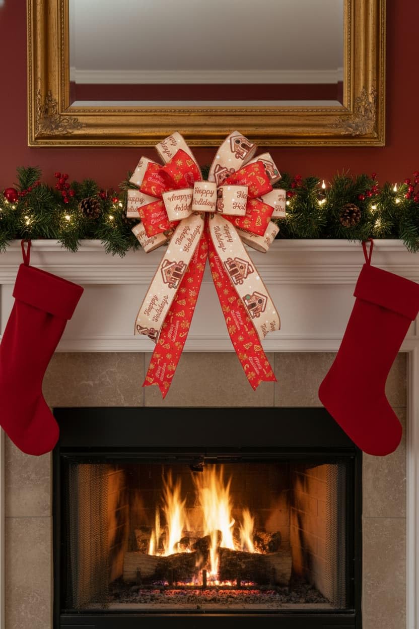 YKW 2 Rolls Christmas Ribbon Set,Gingerbread Man House Wired Edge Ribbons, 2.56" x 5 Yards Each - for Wreath,Bow, Gift Wrapping, Tree Decor - Festive Red & Cream Holiday Patterns