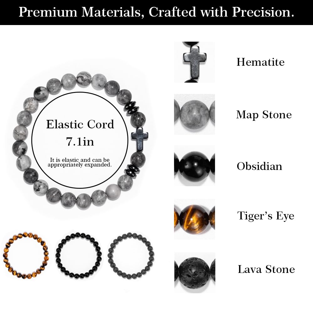 Crystery Men Beaded Bracelets, 8mm Natural Stone Bracelet, Healing Crystal, Jewelry Gifts for men, Triple Protection, Map Stone, Tiger Eye, Black Obsidian Beads Bracelets, Lava Rock, Pack of 4