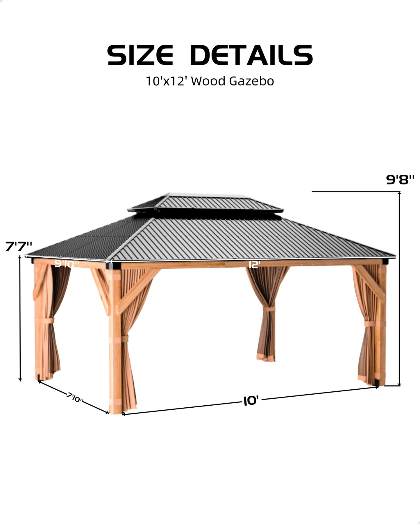 GarveeLife Hard top Wood Gazebo 10 ft x12 ft for All Weather, with Double Metal Roof, Heavy Duty Wooden Frame, Net, and Curtain, Permanent Building for Patio, Deck, Backyard, Lawn, and Garden, Khaki