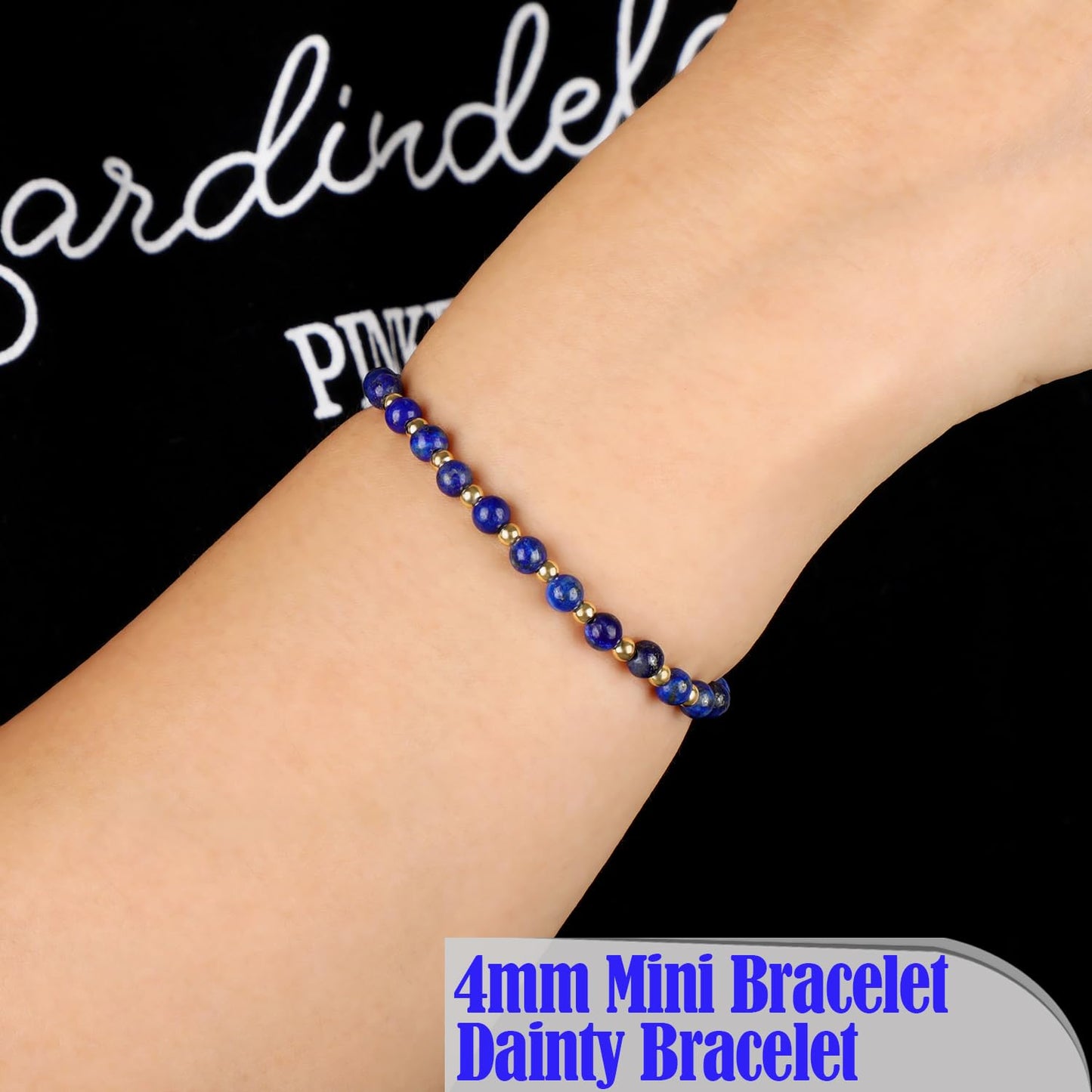 QOGIR Lapis - Stone of Spiritual Insight - 14K Gold Plated Beads Natural Gemstone Stretch Elastic Dainty Healing Beaded Bracelets Gifts 4mm