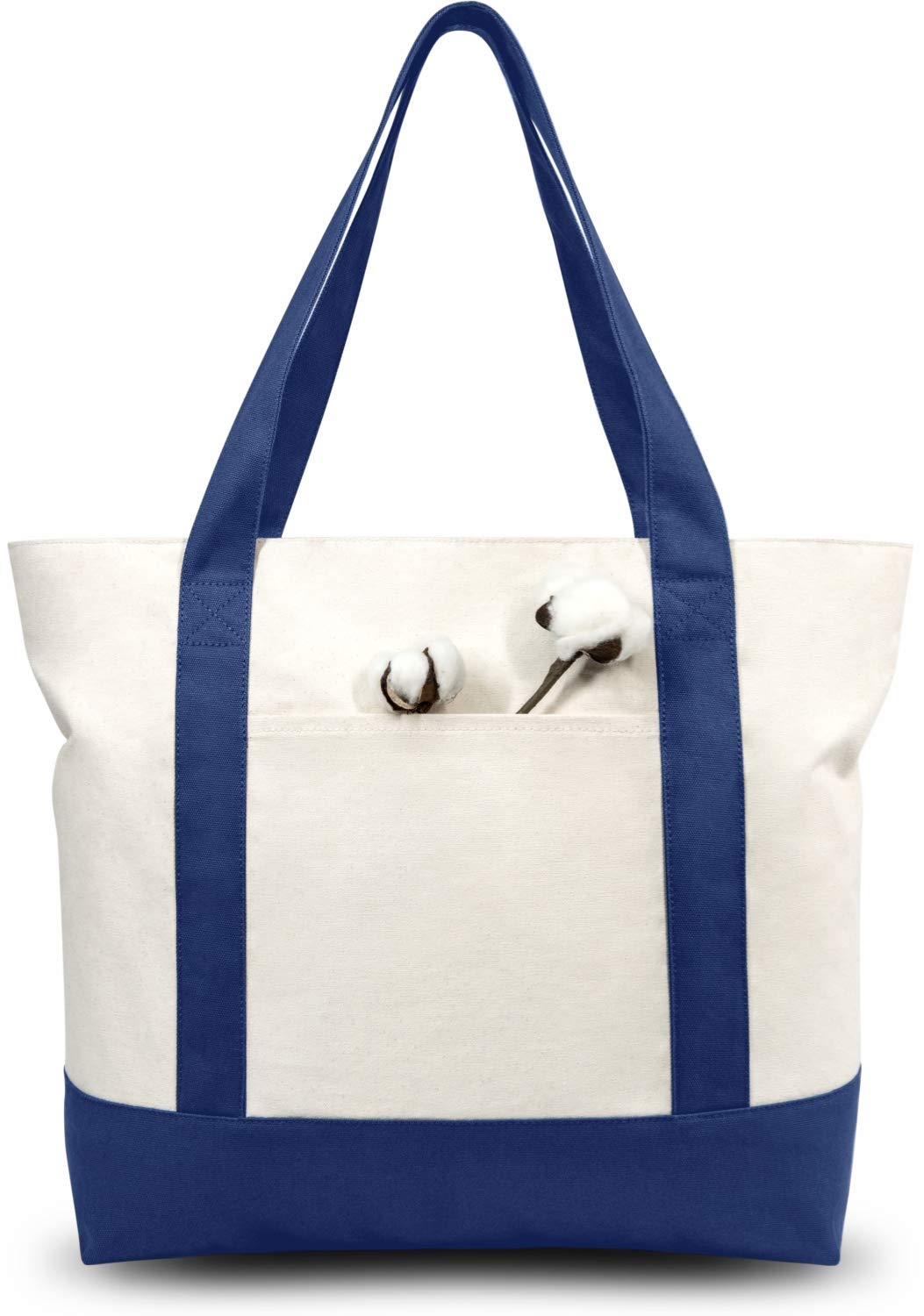 TOPDesign 1-Pack Canvas Tote Bag with an External Pocket, Reusable Grocery Shopping Bag, Top Zipper Closure, Daily Essentials (Blue/Natural)