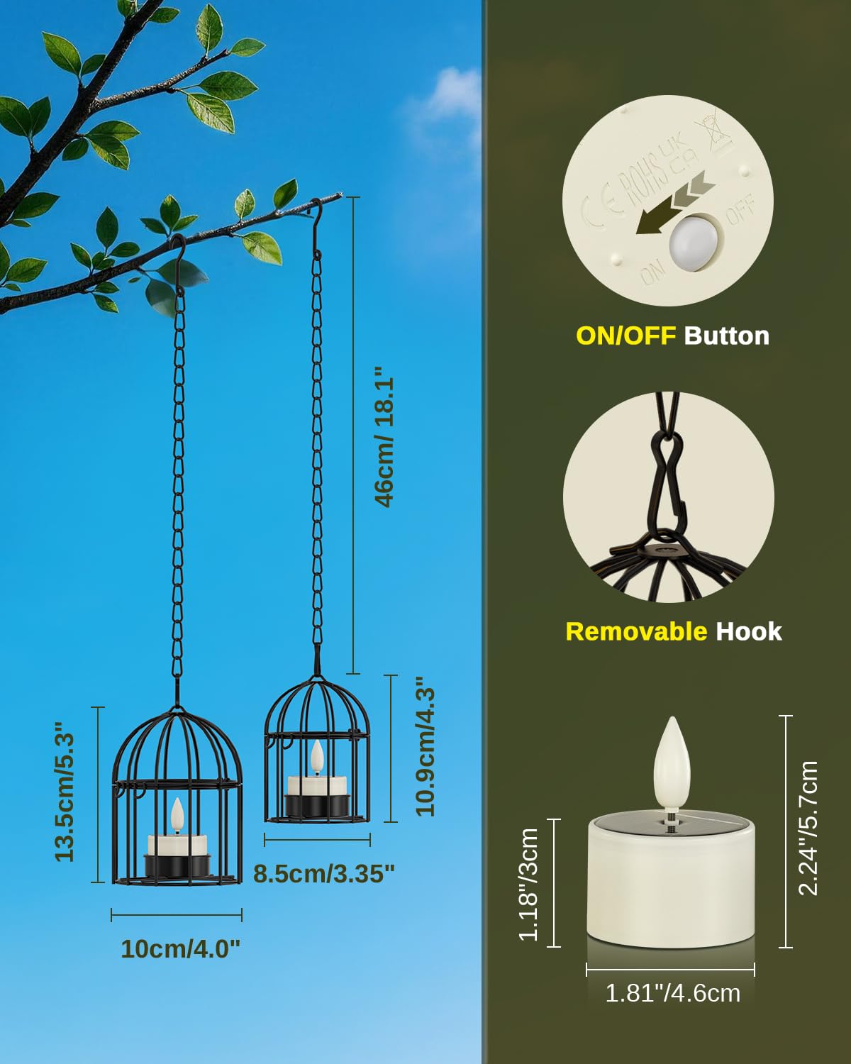 SoulBay Outdoor Lanterns with Solar Tea Lights, 4 Pack(2L 2S) Hanging Waterproof Solar Lights for Outside with Extended Chain, Bright & Long Lasting Solar Candles, Birdcage Lamp for Tree Patio Garden