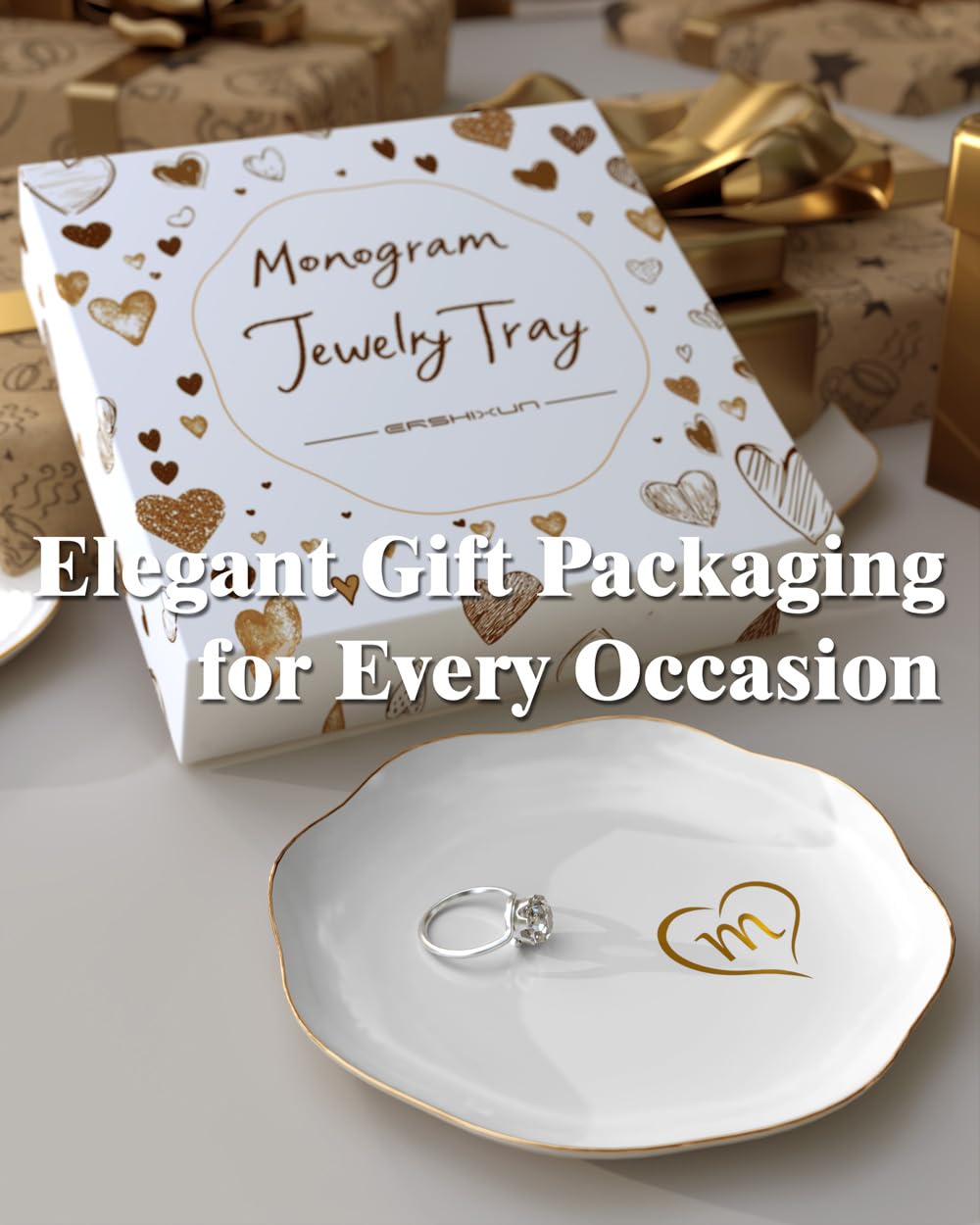 ERSHIXUN Gifts for Women – Initials Ceramic Jewelry Dish for Earrings, Necklaces, Bracelets, Rings, Watch, and Keys – Mother’s Day, Christmas, and Birthday Gifts for Women (m)