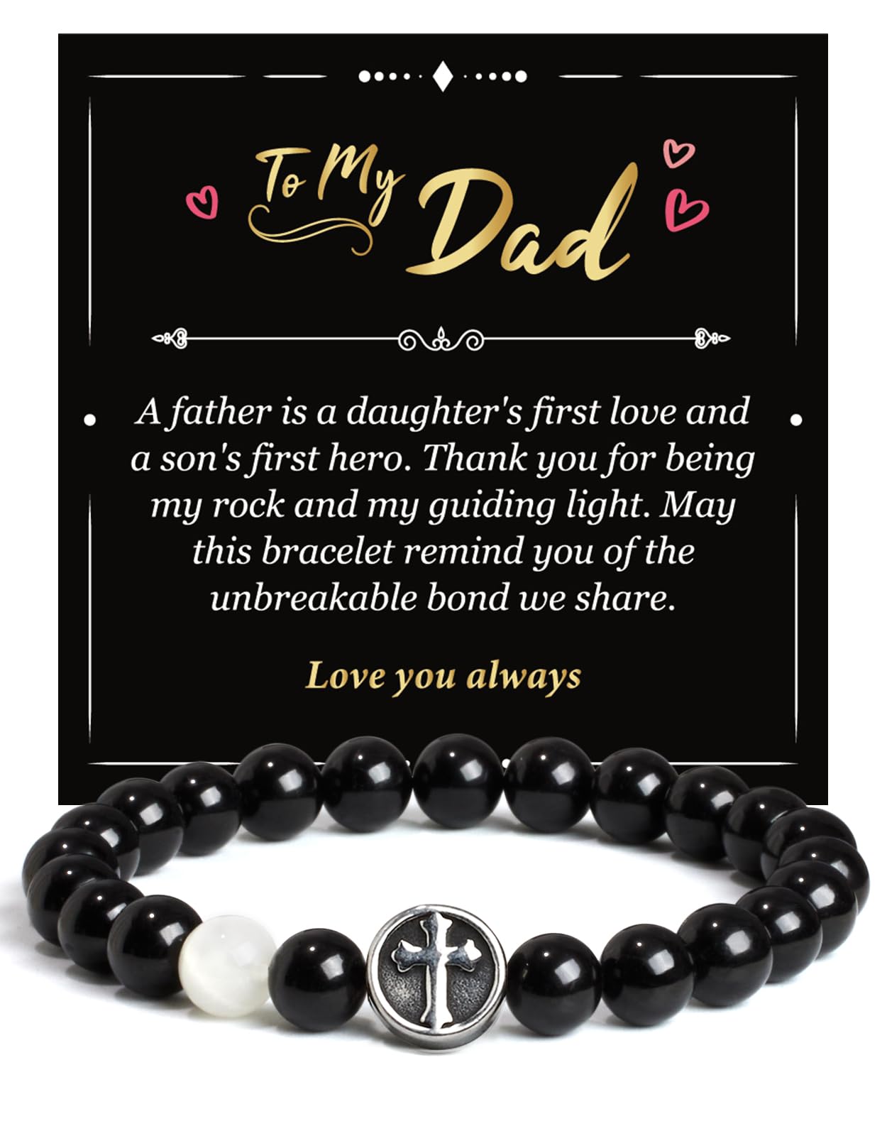 Landorilo Gifts for Men, 8mm Cross Natural Stone Beaded Bracelets, Black Tourmaline Healing Bracelet, Handmade Mens Jewelry Gift for Him, Husband, Son, Father, Friend(Happy Birthday-7.5in)