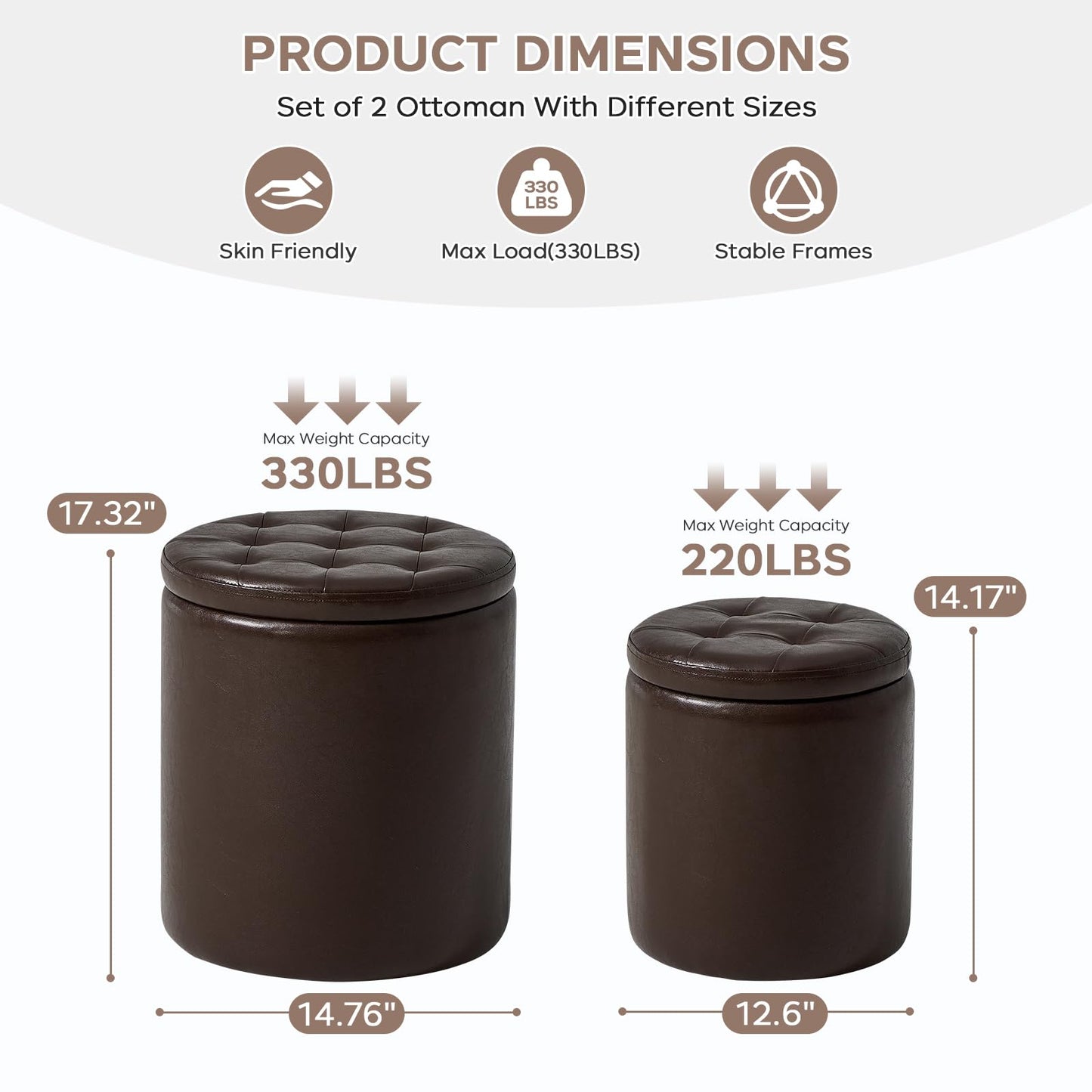 oakvivo Round Set of 2 14.76" L x 14.76" W x 17.32" H Faux Leather Ottoman with Storage, Small Foot Rest Storage Ottomen with Lid Living Room, Bedroom Vanity Stool Chair, Coffee