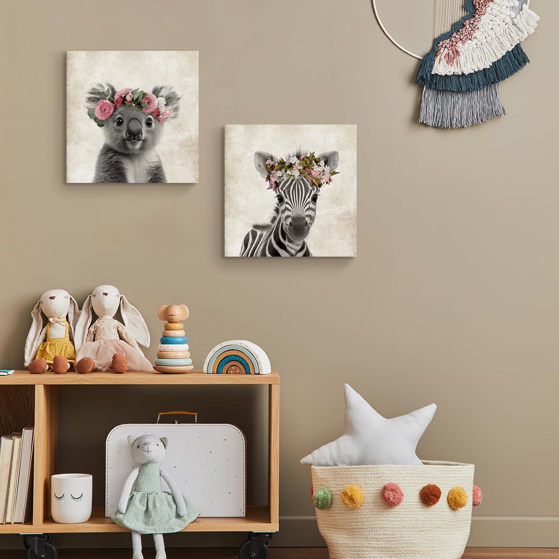 Framed Baby Nursery Wall Art Decor Cute Zebra with Garland Pictures Painting Retro Zebra Portrait Artwork Cute Safari Animals Prints for Kids Playroom Decoration Gifts for Boys Girls 12x12inch