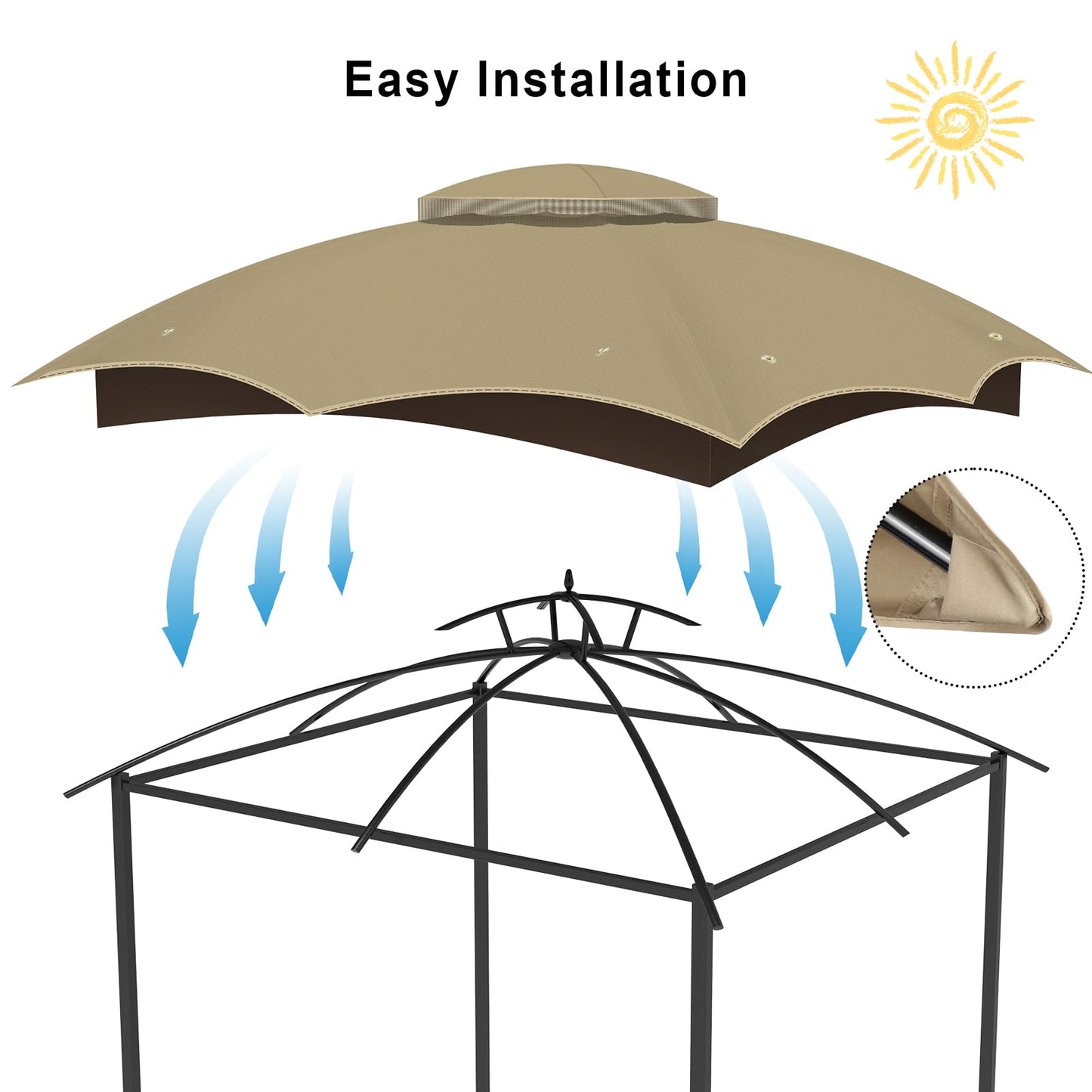 10x12 Replacement Gazebo Canopy Top Cover, Double Tiered Waterproof Canopy Roof for Lowe's Allen Roth Gazebo #GF-12S004B-1 (Khaki)