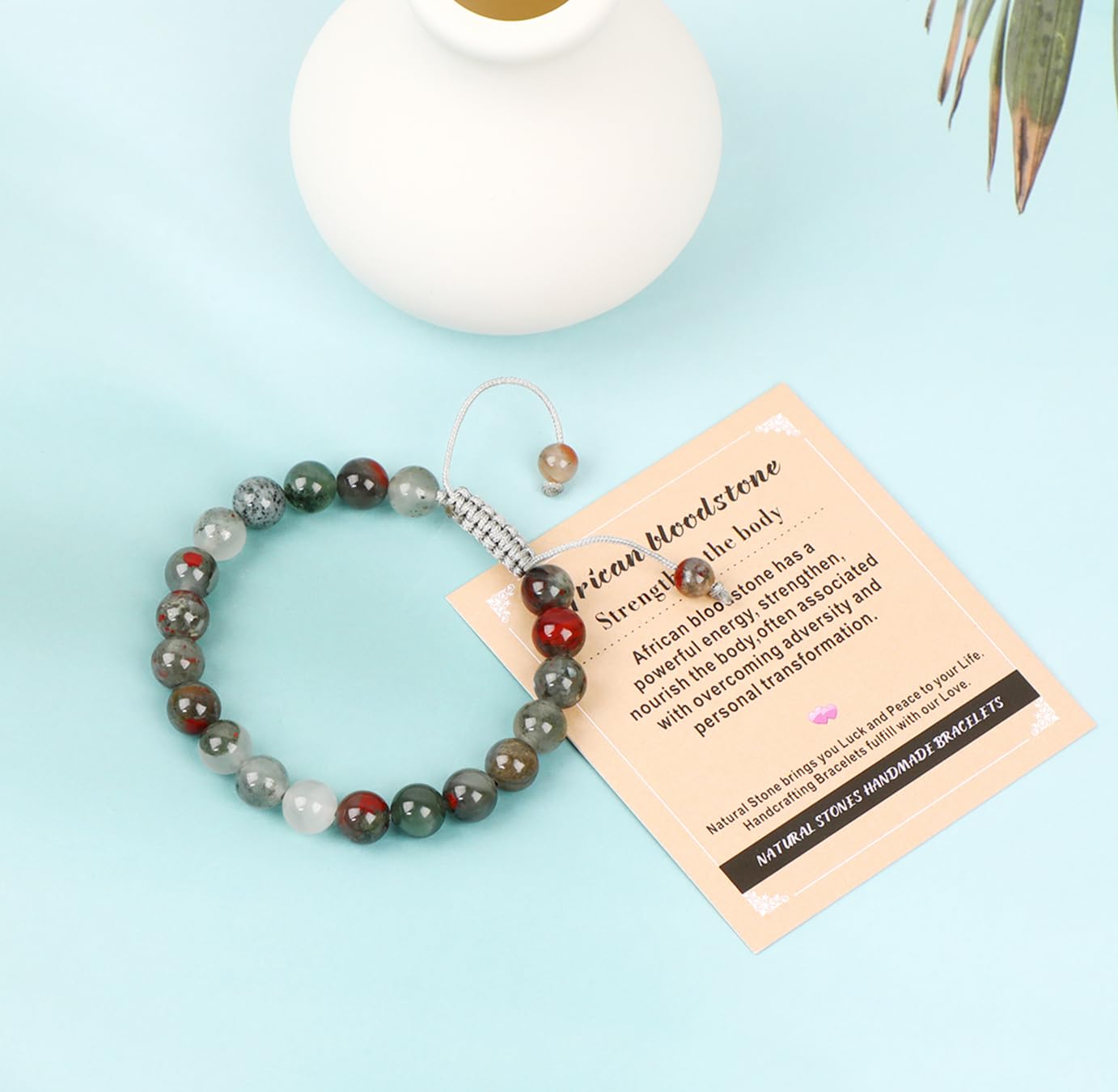AD Beads 8mm African bloodstone - Strengthen the body - Handmade Natural Stone Crystal Bracelet with Adjustable Macrame String - Yoga Healing Power Energy Gifts for Men and Women