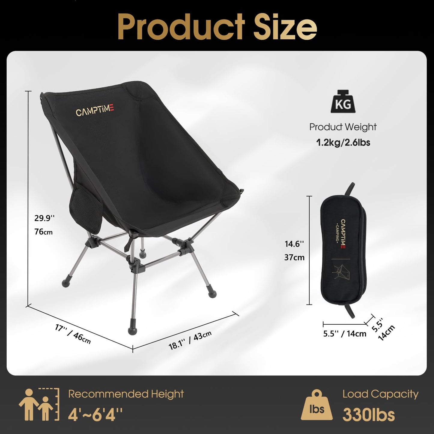 Camptime Portable Camping Chair Plus, Larger & Roomier, Compact and Lightweight, Folding Chair for Backpacking & Hiking, 330Lbs Capacity, Black